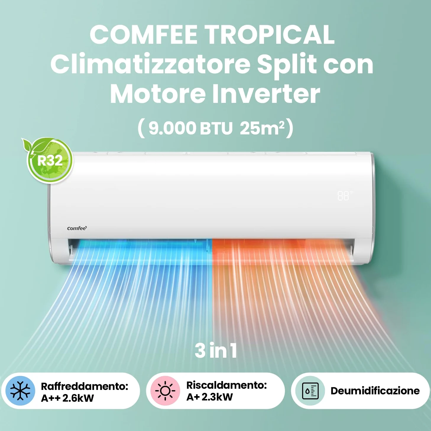 COMFEE' Climatizzatore Monosplit Unità Interna, Condizionatore Fisso Inverter 9000 BTU, GAS R32, Solo Unità Interna, No Unità Esterna, CF-AF09A IU, Bianco
