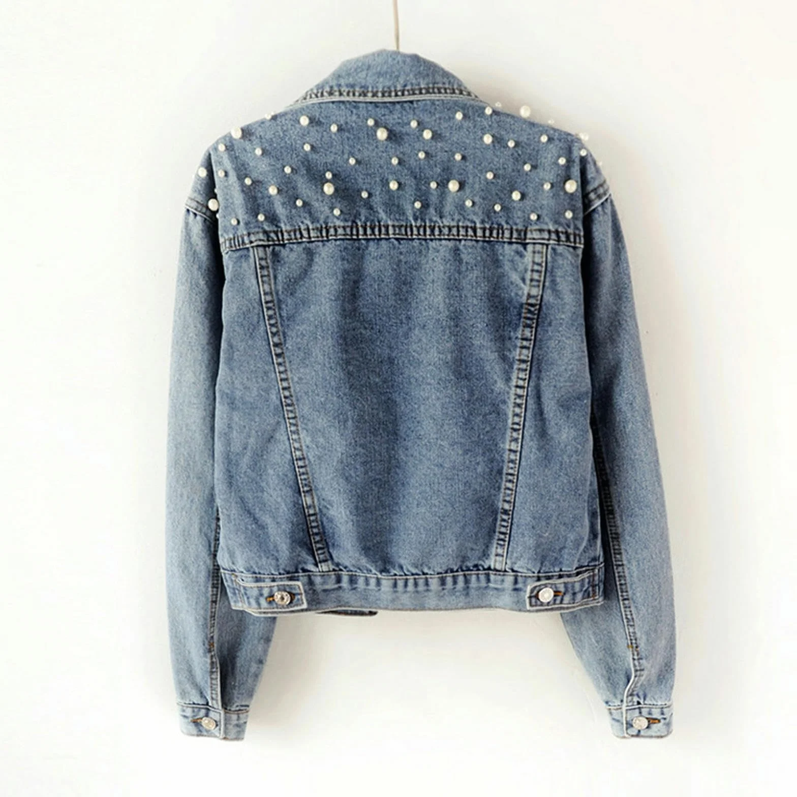 Giacca Corta in Denim da Donna con Perle Azzurro XL