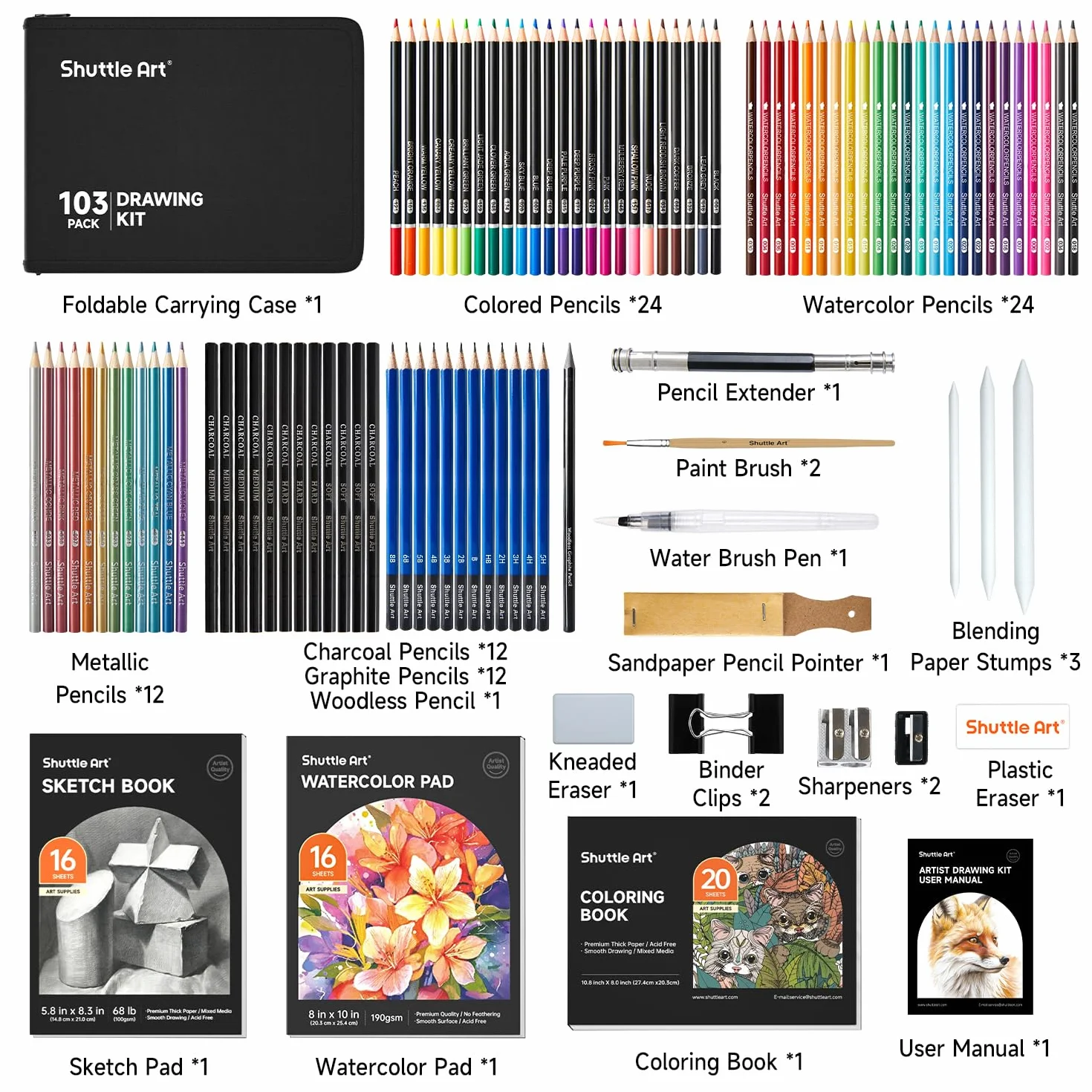 Shuttle Art Kit Matite da Disegno Professionale,Pacchetto 103 Set Matite da disegno Set Disegno Schizzo con Matite Colorate e da Schizzo Grafite in Astuccio Portatile, Bambini, Adulti Artisti