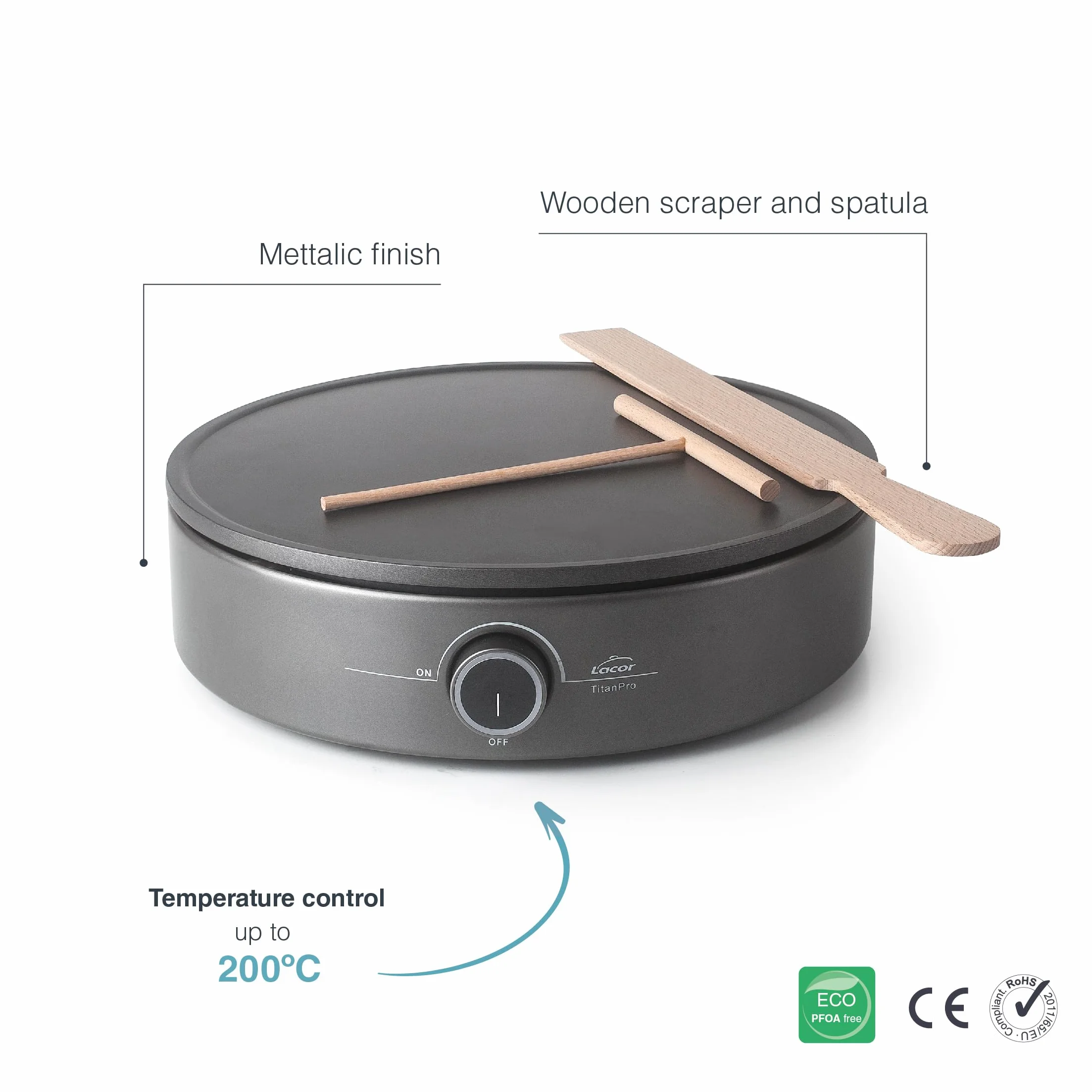 Lacor 69433 Crepe Elettrico 1500W XL Termostato Regolabile Piastra Ø33 cm PFOA Free