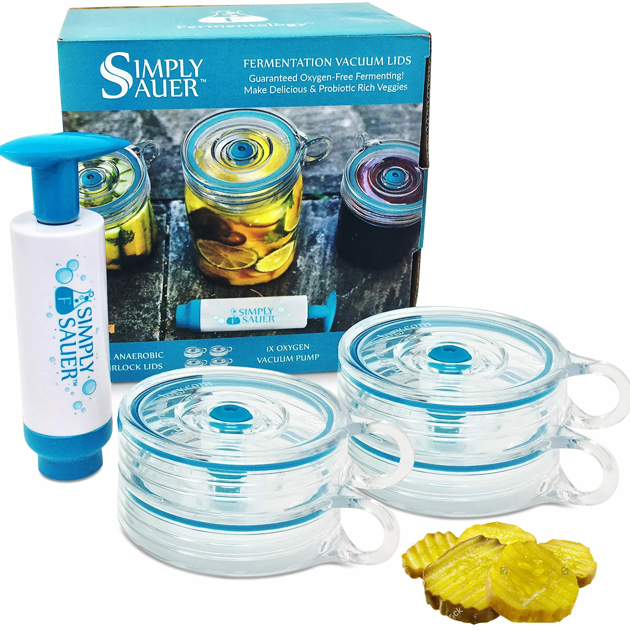 Kit di Chiusure Ermetiche per Fermentazione Simply Sauer - Compatibile con Barattoli a Bocca Larga - Include Chiusure Ermetiche, Pompa
