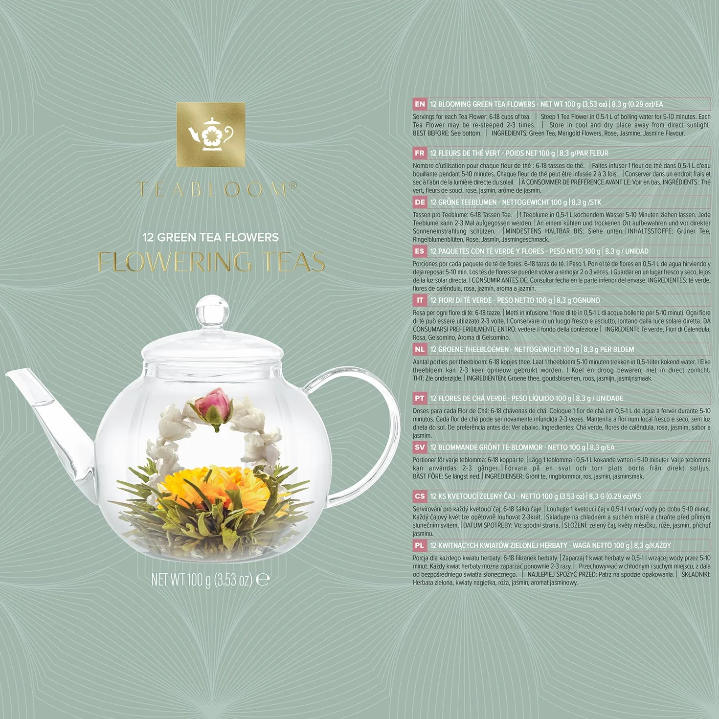 Teabloom Set Completo Fiori di Tè: Teiera in Vetro Borosilicato, 12 Fiori, Riscalda Teiera, 4 Tazze Vetro Doppio Strato, Infusore Tè
