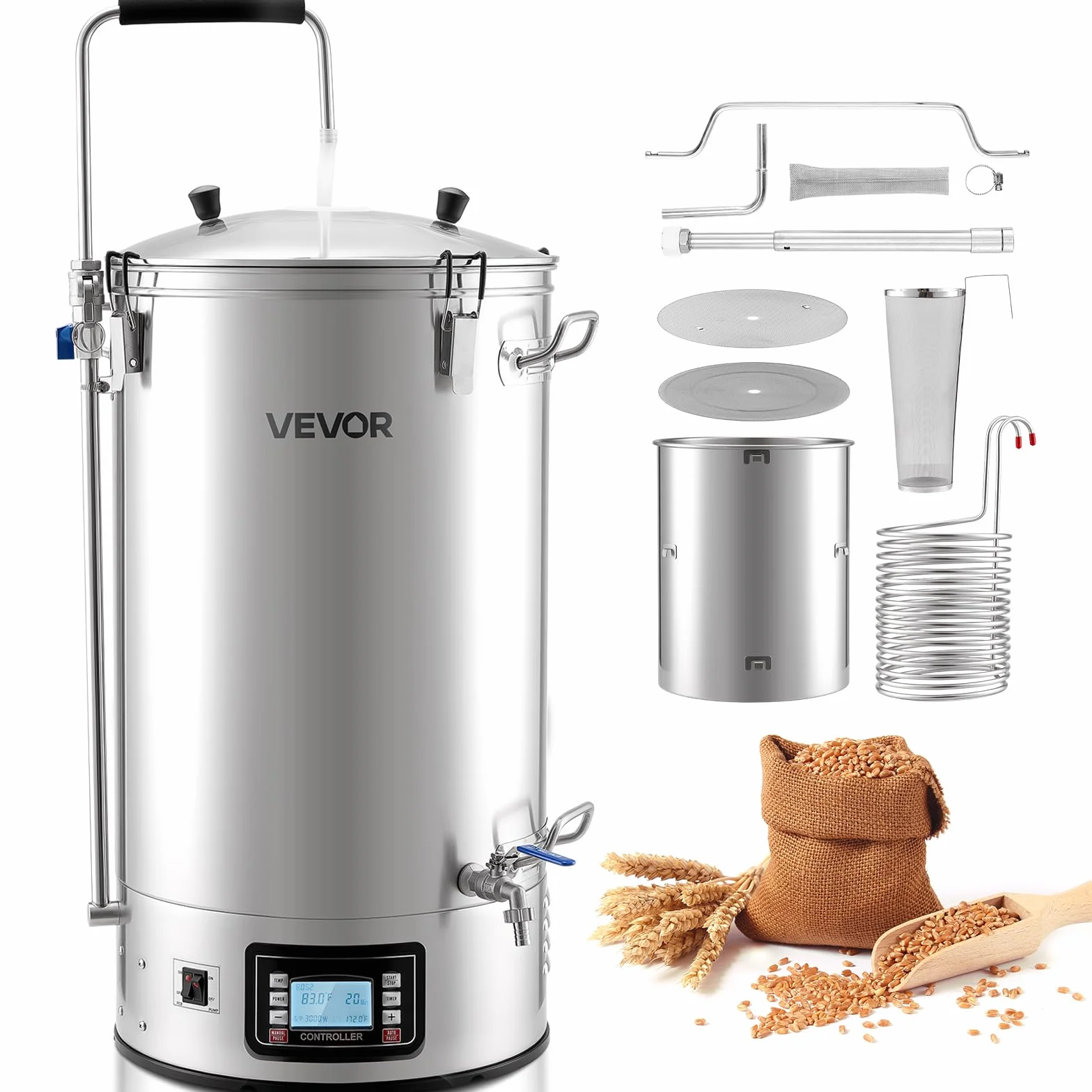 VEVOR Sistema per Produzione di Birra, Bollitore da 60 Litri per Uso Domestico, Pentola Elettrico per Produzione di Birra modalità Automatica/Manuale, Pannello di Controllo Tubo di Circolazione