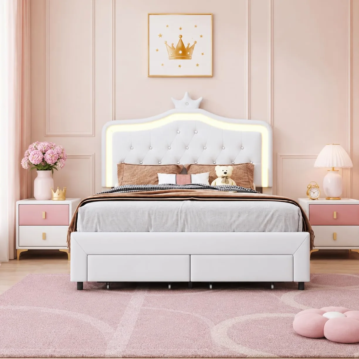 Letto imbottito 140 x 200 cm, letto principesse con illuminazione a LED, Letto matrimoniale con Testiera regolabile a forma di corona, Letto per bambini con rete a doghe e cassetto, senza materasso