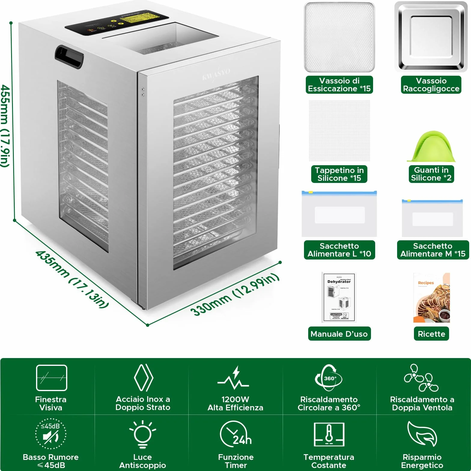 Kwasyo Essiccatore Alimenti 15 Vassoi Inox, 1200W Doppia Ventola, per Carne, Frutta, Snack Cani, Erbe, Temp. Regolabile 90°C, Timer 24H, Finestre Multiple, Essiccazione Potente