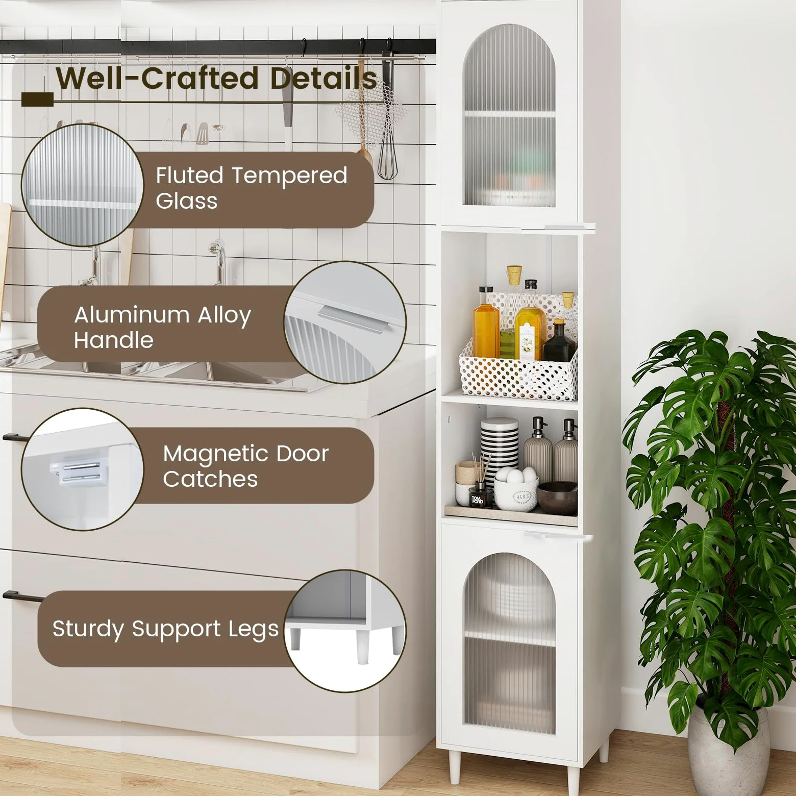 LIFEZEAL Mobile Bagno Salvaspazio Bianco, Colonna Bagno Alto, Stretto, 35x30x180cm, Credenza Cucina, Armadio Dispensa, Mobiletto, con 2 Ante in Vetro, Ripiani Regolabili, Scomparti, in Legno, Max 90kg