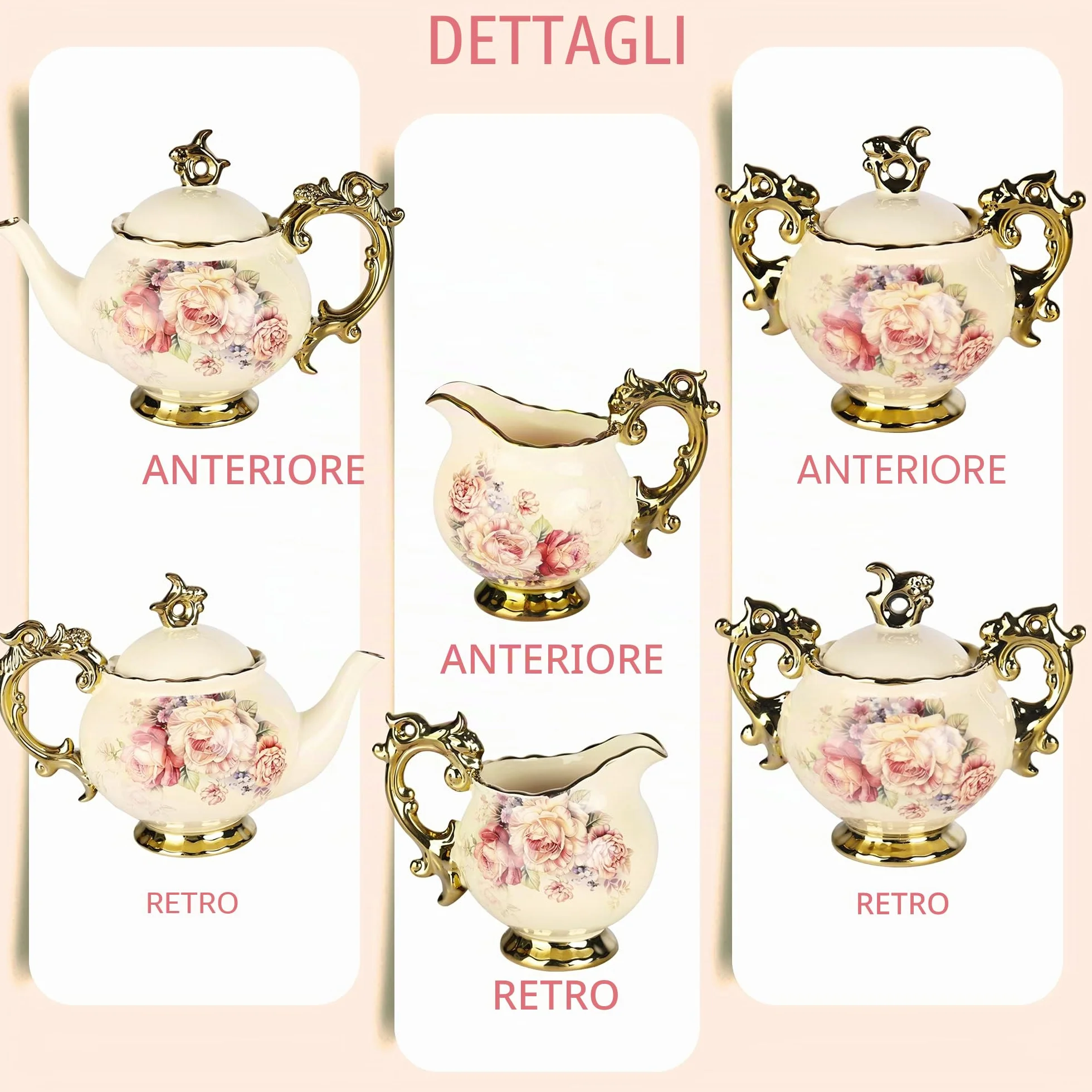 fanquare 15 Pezzi Servizio da Tè in Porcellana Inglesi, Vintage Set Tazzine da Caffè Cinese con Fiori di Rosa, Servizio di Caffè per Matrimoni