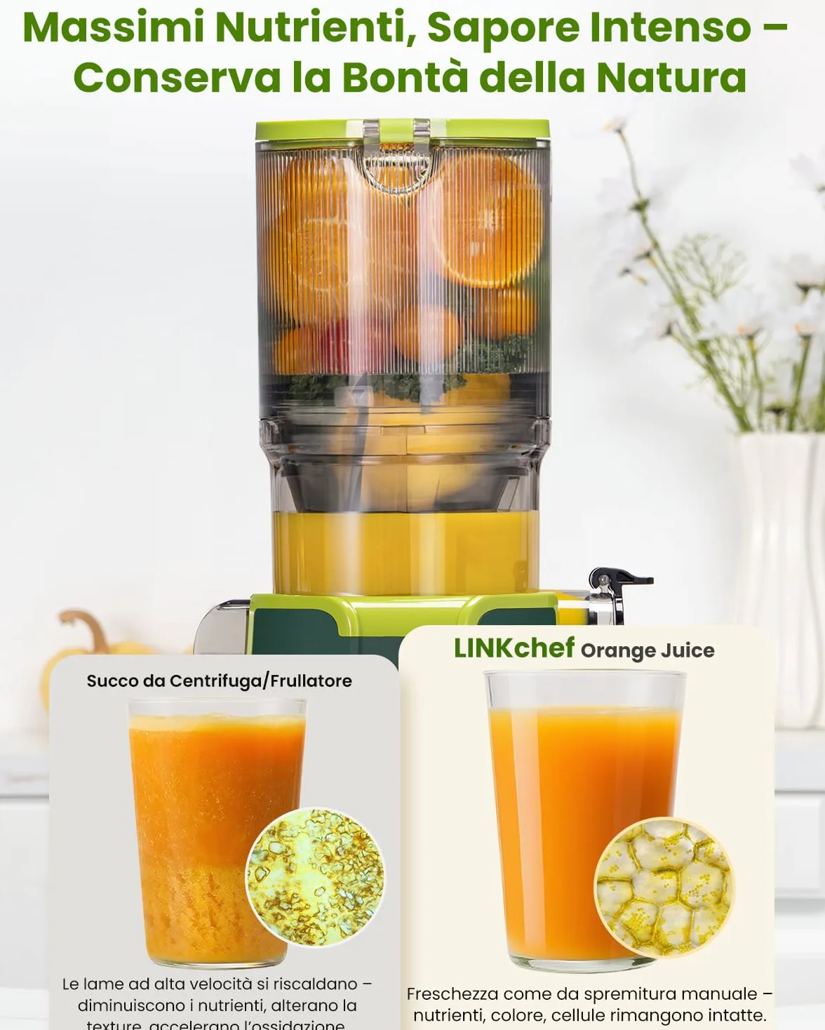 LINKChef Estrattore di Succo a Freddo | 200W Estrattore Frutta e Verdura Intera | Bocca Larga da 115mm | Con Ricettario Incluso | Senza BPA | Facile da Pulire con Funzione Inversa | Verde