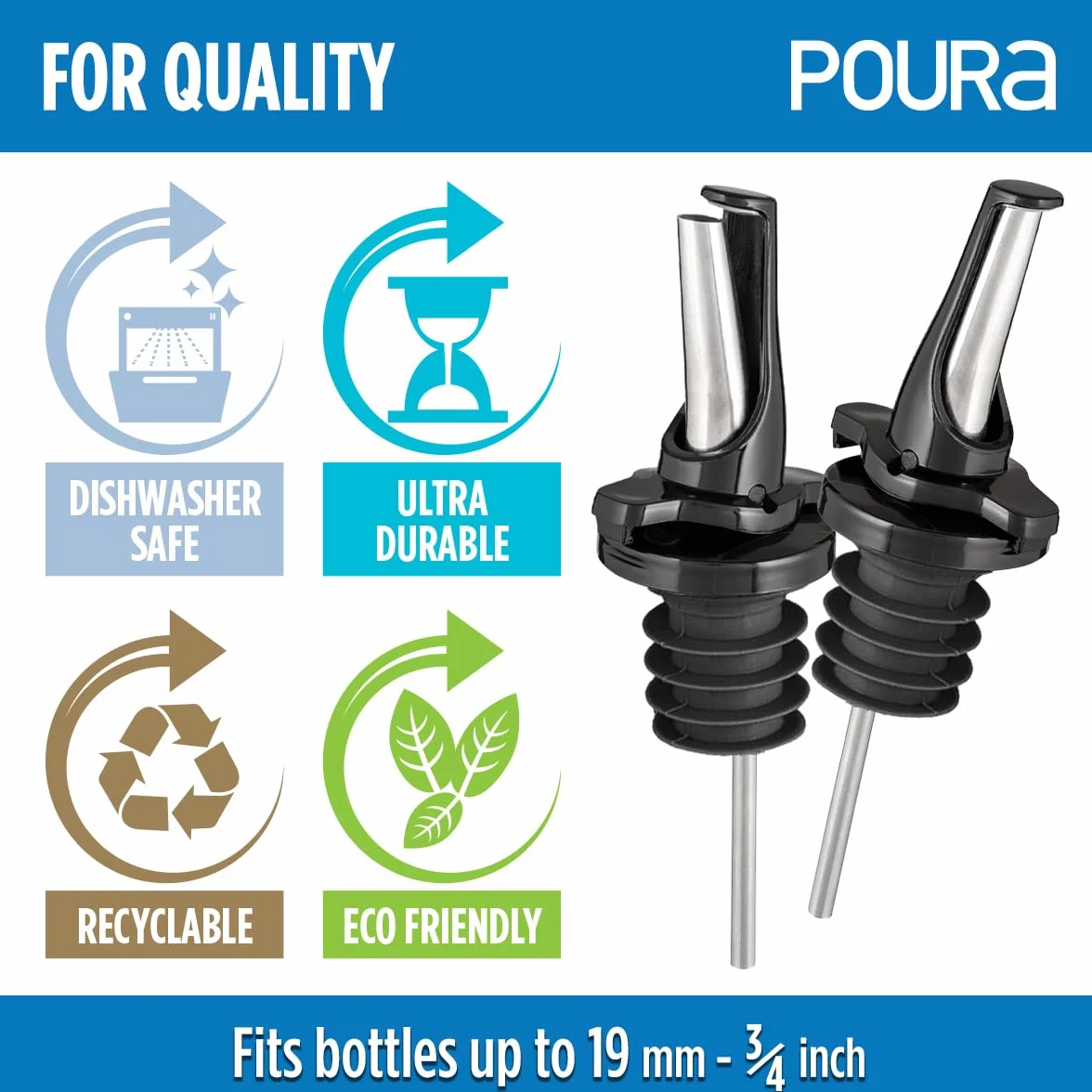 Poura Versatore rapido per vino ClickSeal in gomma naturale senza BPA - Nero - Confezione da 2