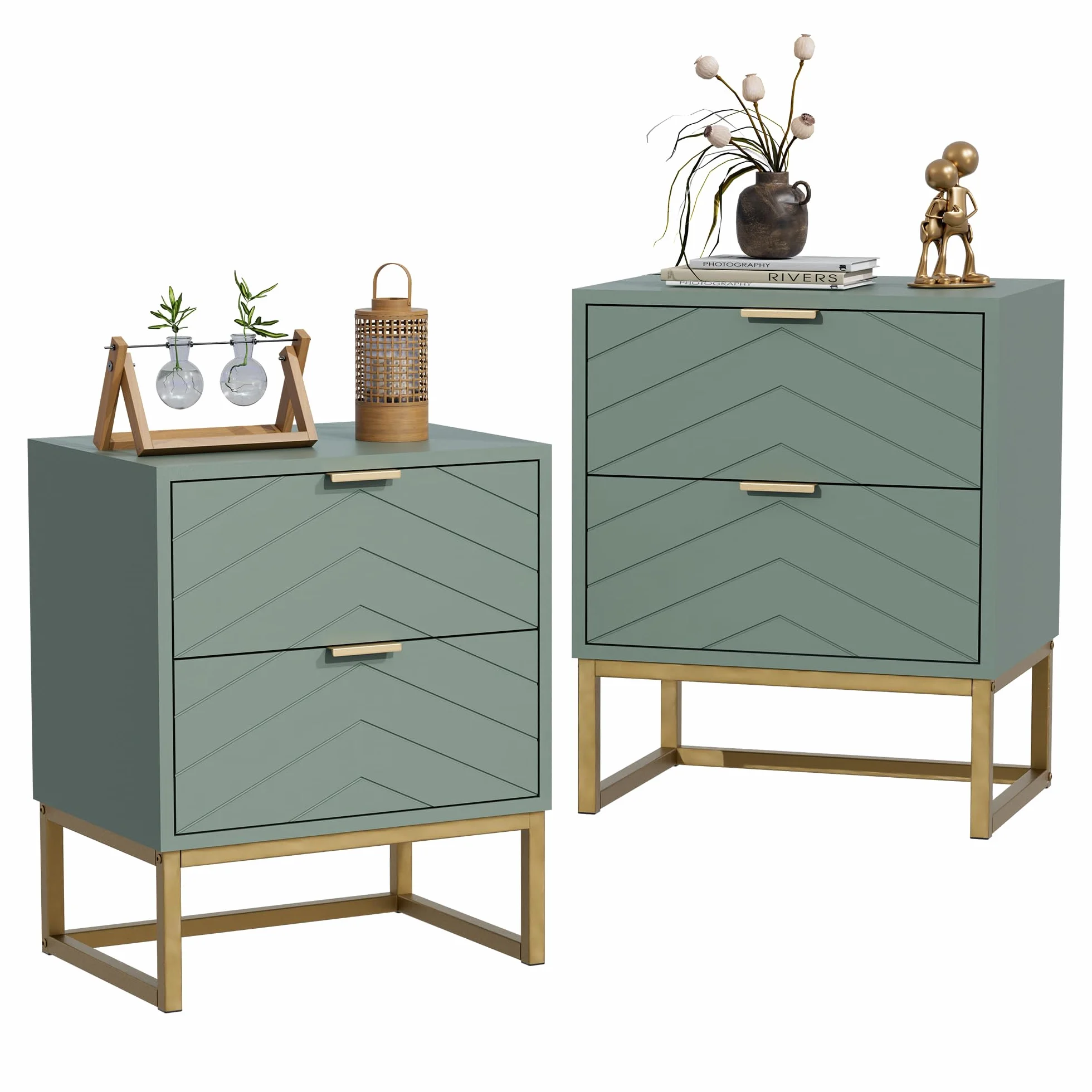 UEV Set di 2 Comodino Camera da Letto con Motivo a V, Mobile Camera da Letto con Miniglie e Piedini in Metallo, Comodino Moderno e Stabile, 46 x 33,5 x 56,5 cm, Verde
