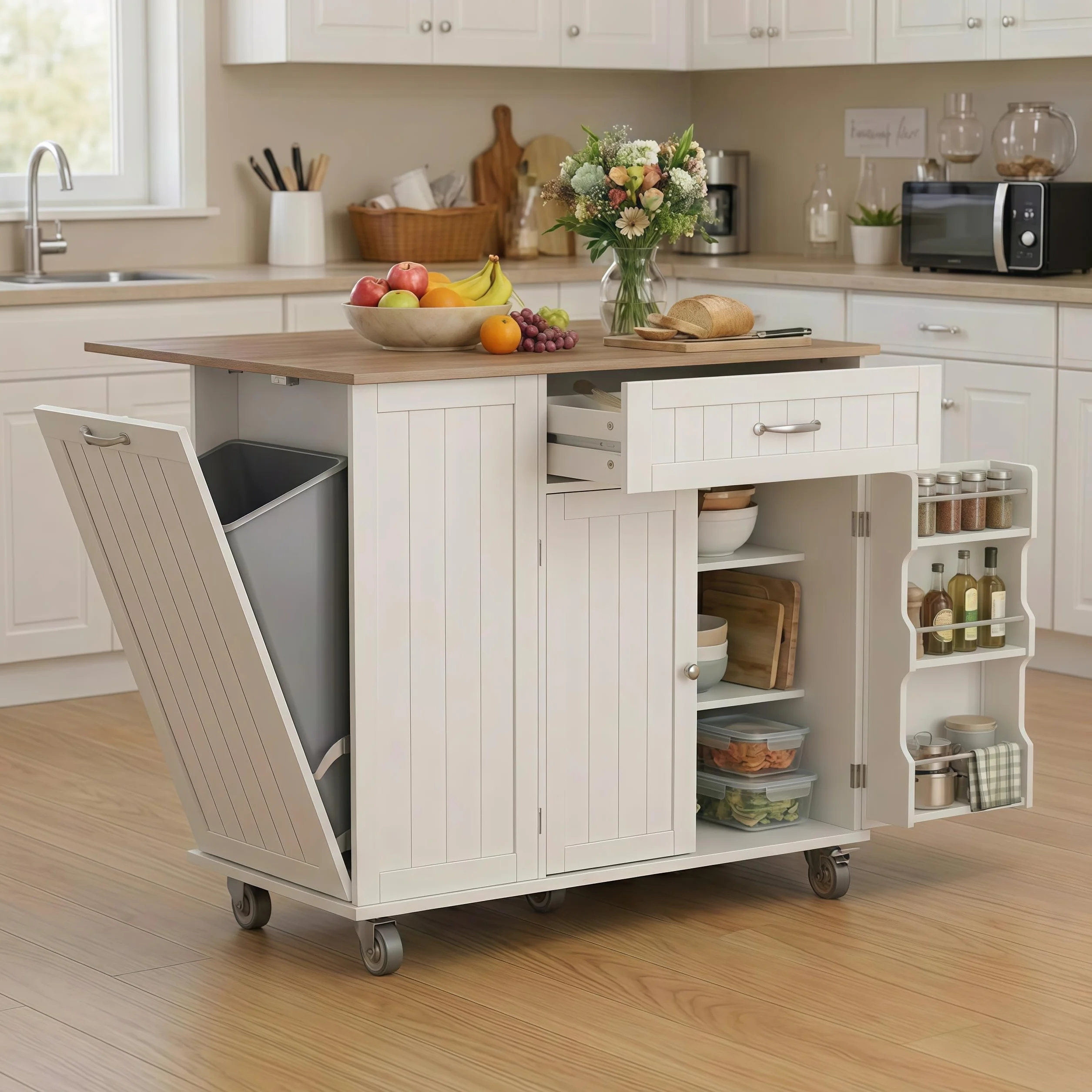Xbro Isola Cucina con Piano di Lavoro Pieghevole e Ruote, Penisola Cucina Salvaspazio con Cassetto, Vano Pattumiera, Portacoltelli e Portasciugamani, Mobile Cucina 113 x 51 x 90 cm