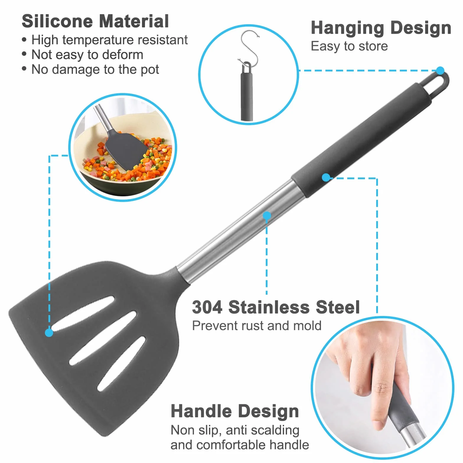 Set di Utensili da Cucina in Silicone, 44pcs Con 20 Ami, 5 Cucchiai Dosatori Piccoli, Resistente al Calore Antiaderenti Con Ganci - Grigio Scuro