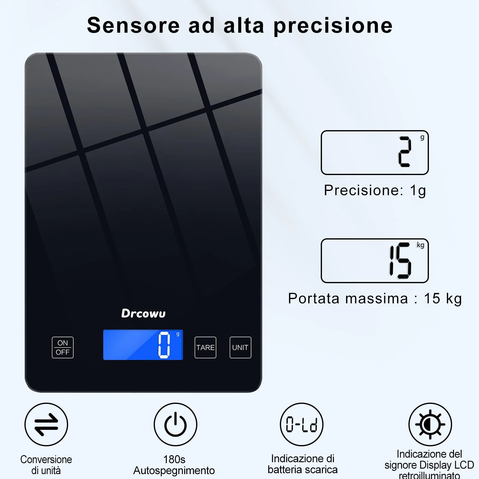 Bilancia da Cucina, Bilancia Cucina Digitale 15kg, alta Precisione 1 g Pesa Alimenti, Funzione Tare, Grande Display LCD, Bilance impermeabile Varie Unità in Grammi e Once, Pulsante touch
