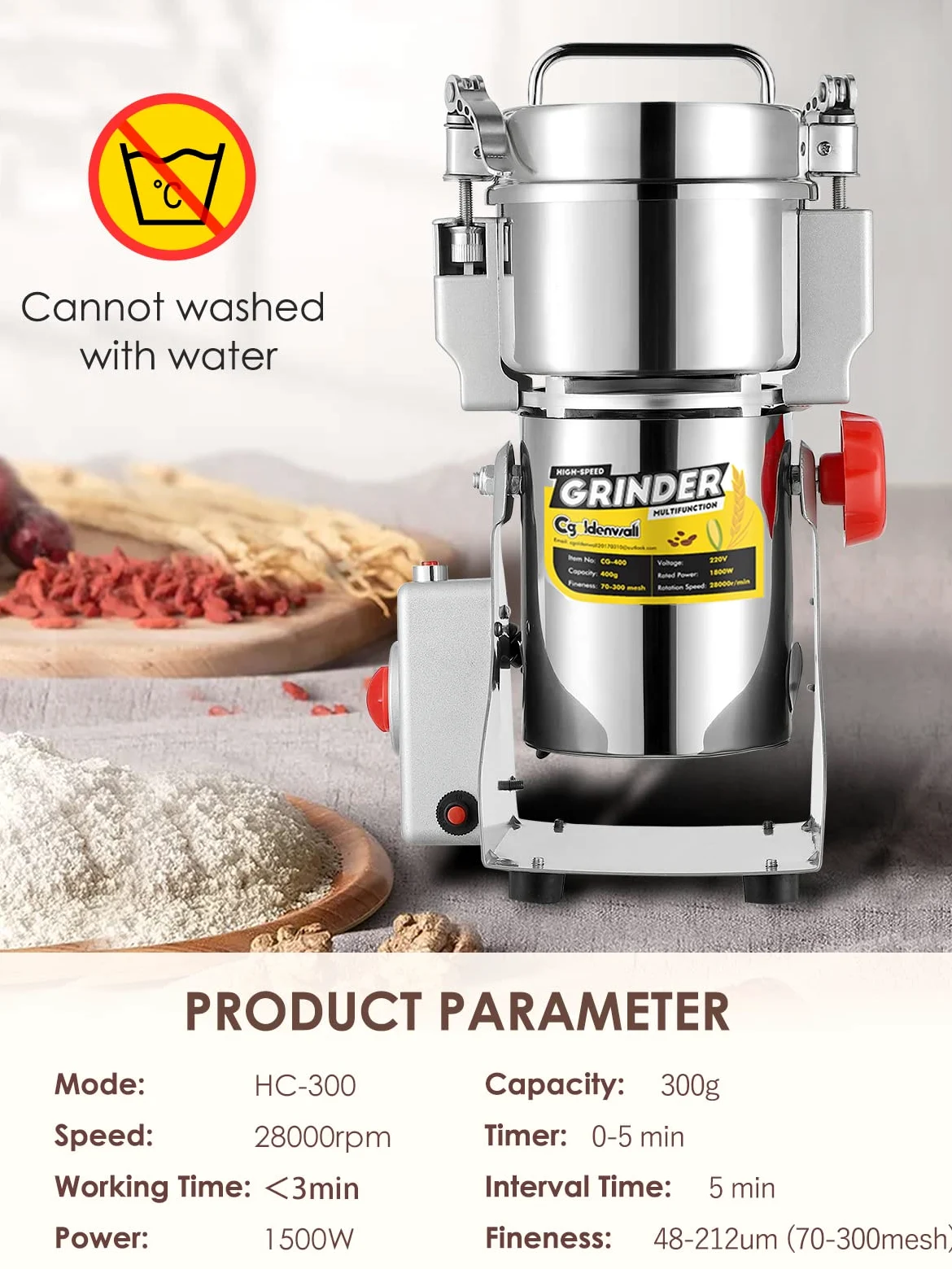 300-2500g Mulino per Cereali CGOLDENWALL Upgraded Open-Cover- Stop Unique Safety Design Grinder Elettrico per Materiale Secco Come Erbe/Cereali/Spezie High Speed Grinding(300g)