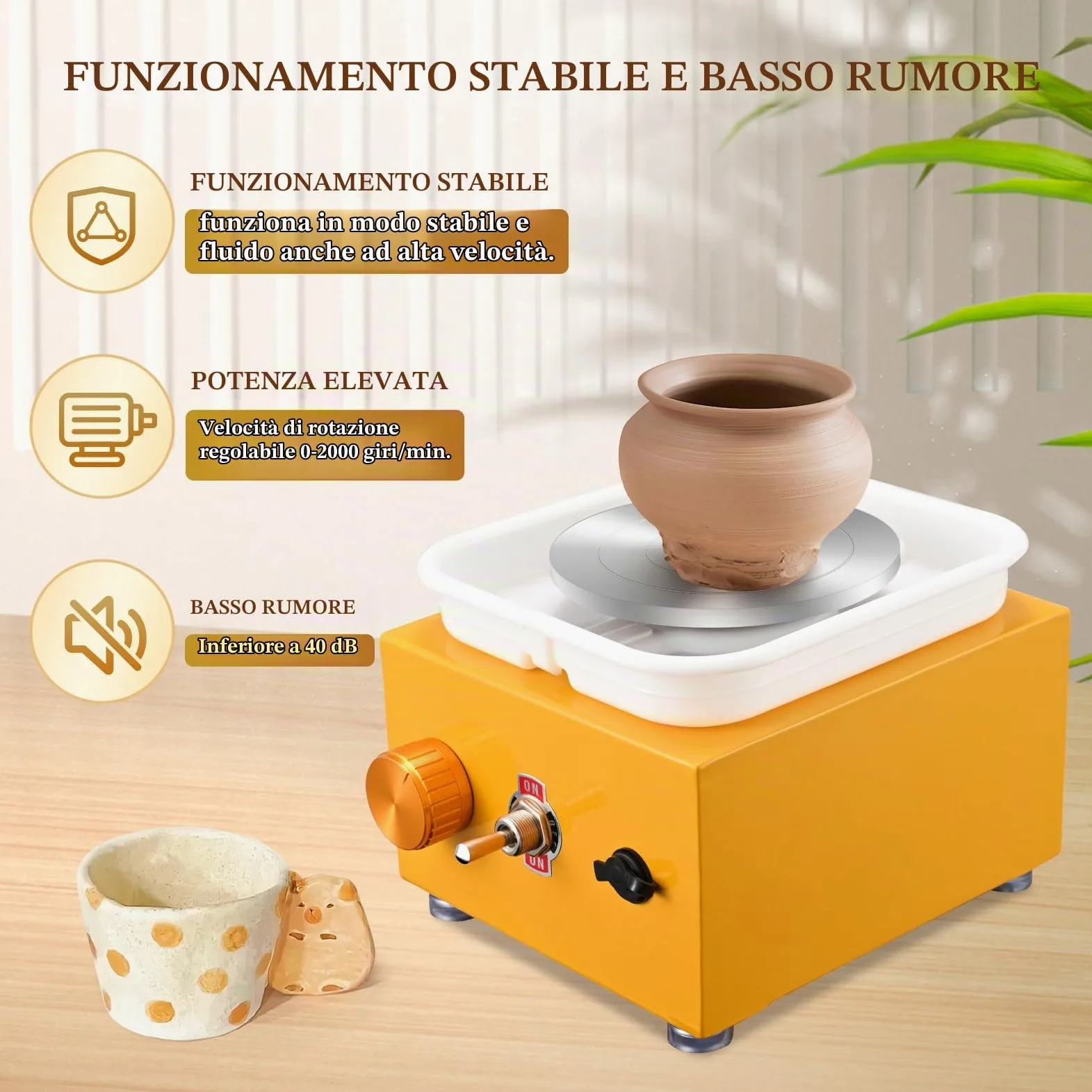 Tornio per Ceramica, Kooeuru Tornio per Argilla 2000 giri/min Velocità Regolabile con Piastre da 10/6,5 cm, Strumenti di Modellatura e Vasca Rimovibile, Tornio Ceramica per Bambini e Adulti, Giallo