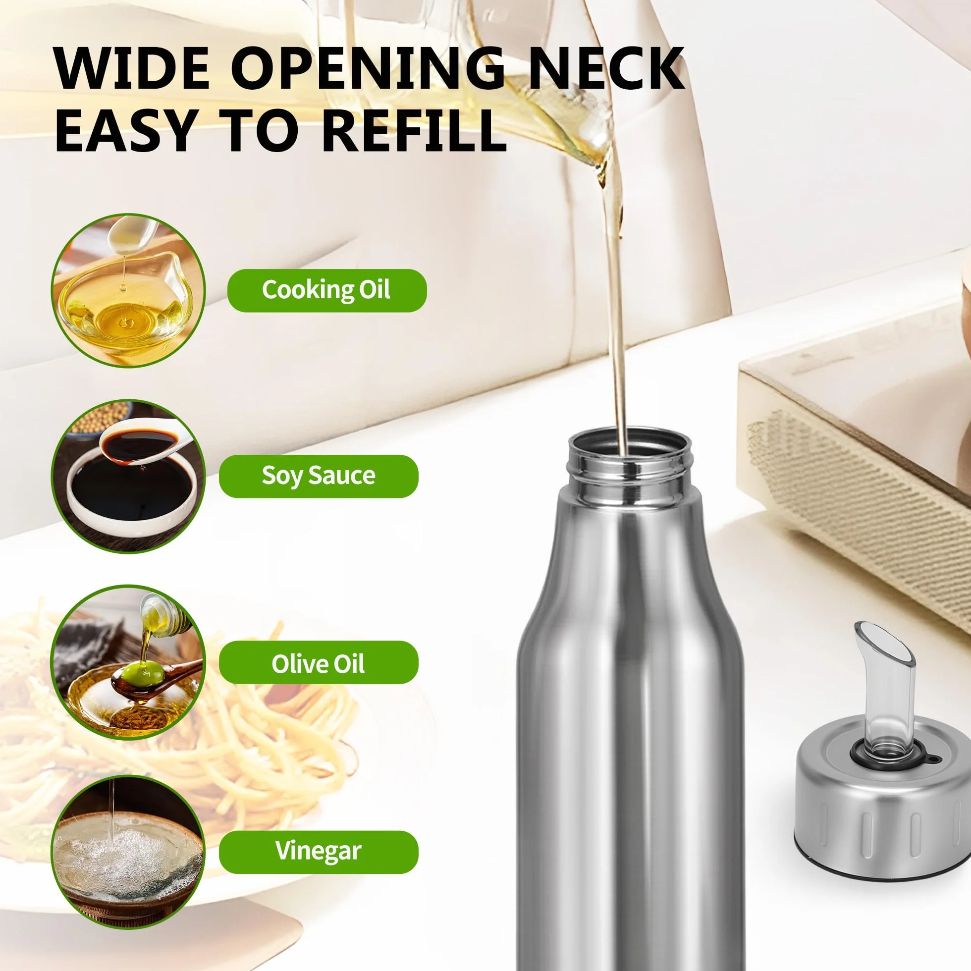 Bottiglia dispenser olio acciaio inox 750ml beccuccio senza gocciolamento