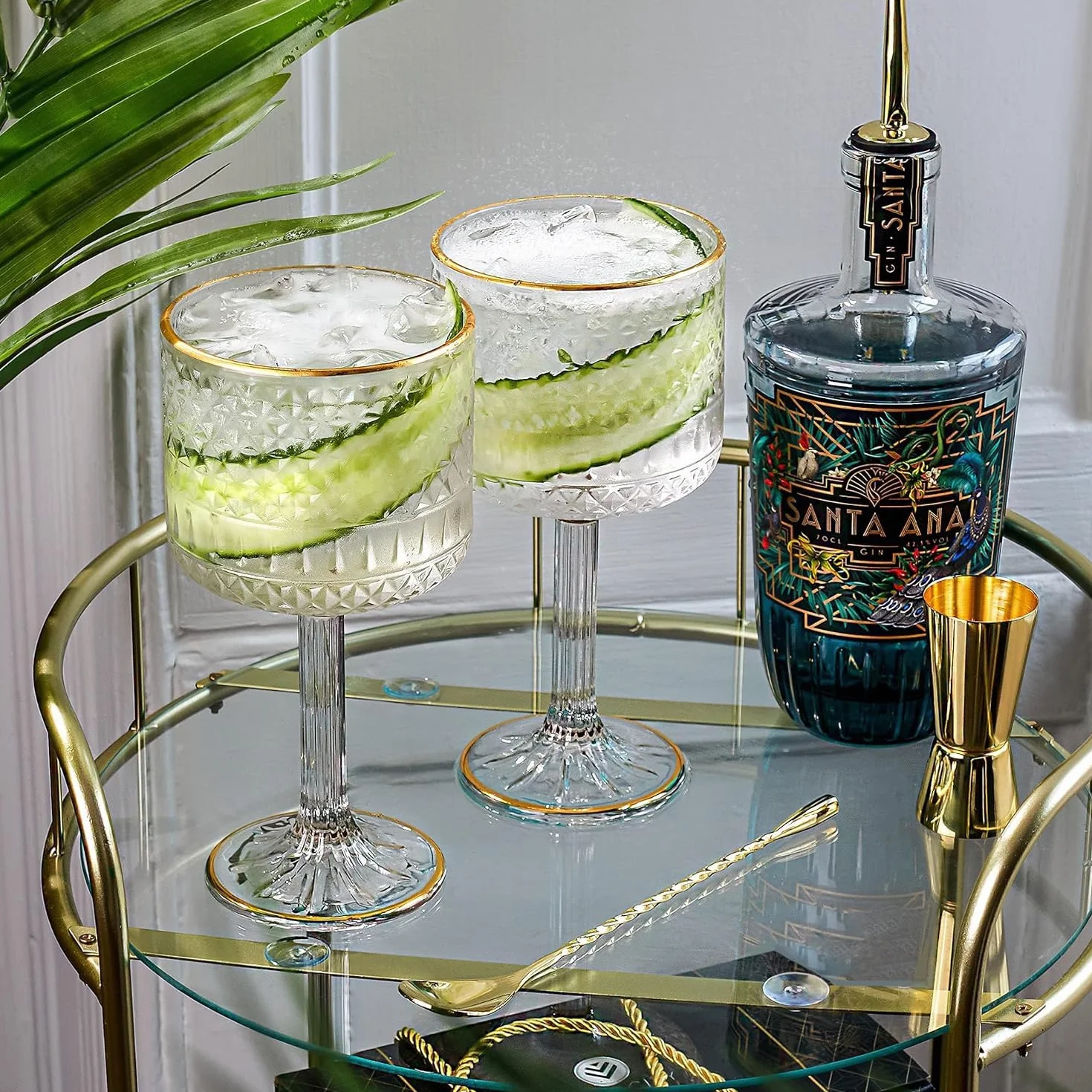 Set Bicchieri Gin Tonic di Lusso 450ml con Decorazioni Dorate, 3 Bordi Oro, Cucchiaio Bar e Misurino Kit Regalo