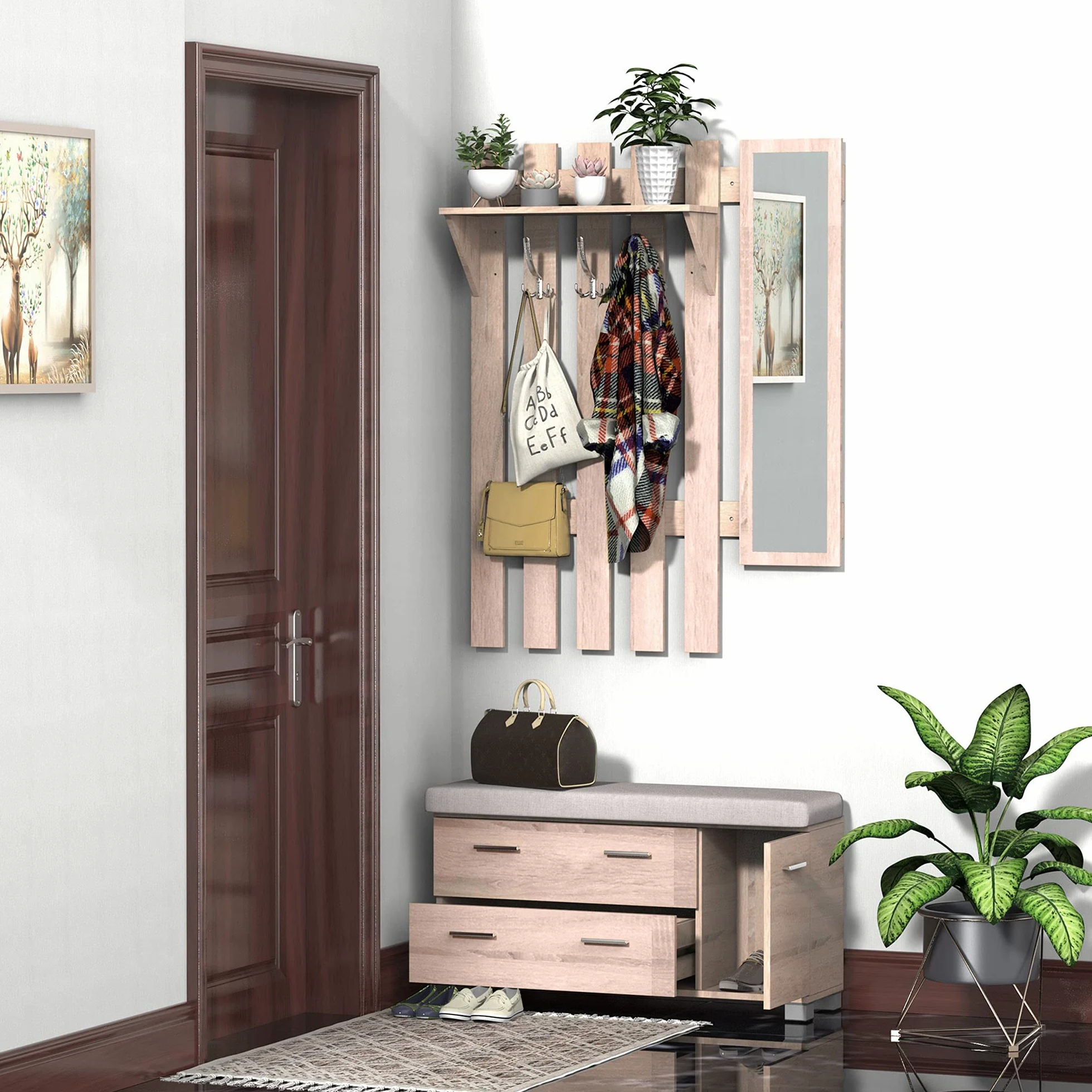 HOMCOM Set Arredo Guardaroba 3 in 1 con Specchio e Scarpiera da Ingresso Pannello Truciolare 90 x 21.5 x 116cm Quercia