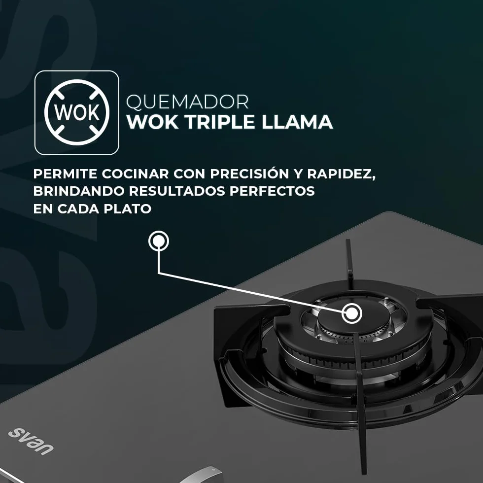 Svan Encimera de Gas SGW3601N 3 Quemadores Integrable Quemador WOK triple llama Cristal negro
