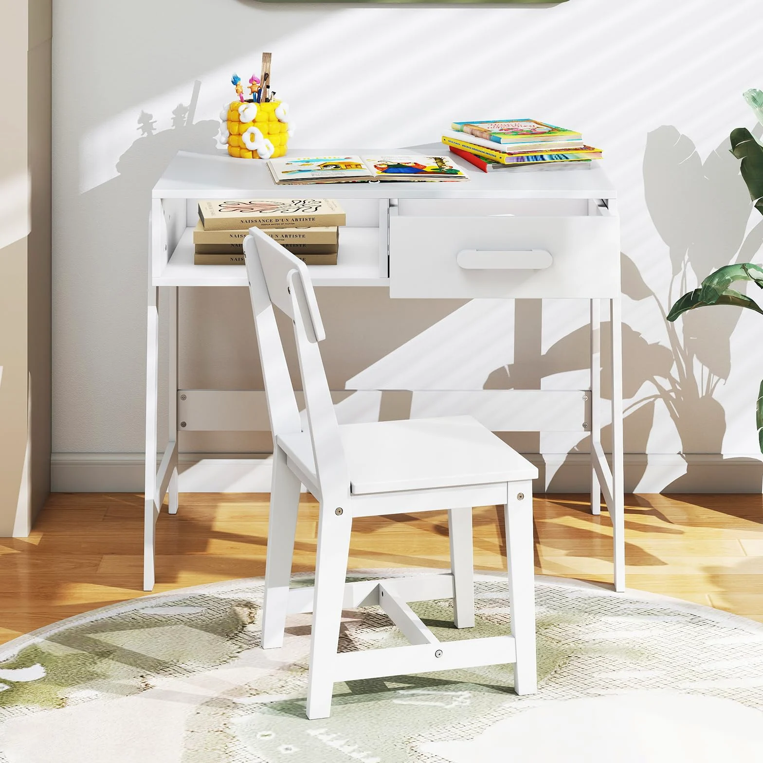 LIFEZEAL Set Scrivania e Sedia per Bambini 3+Anni, Scrivania con Cassetto, Banco Scuola, Tavolo da Studio, Sedia con Schienale, in Legno, per Cameretta, Giocare, Studiare, Multiattività (bianco)