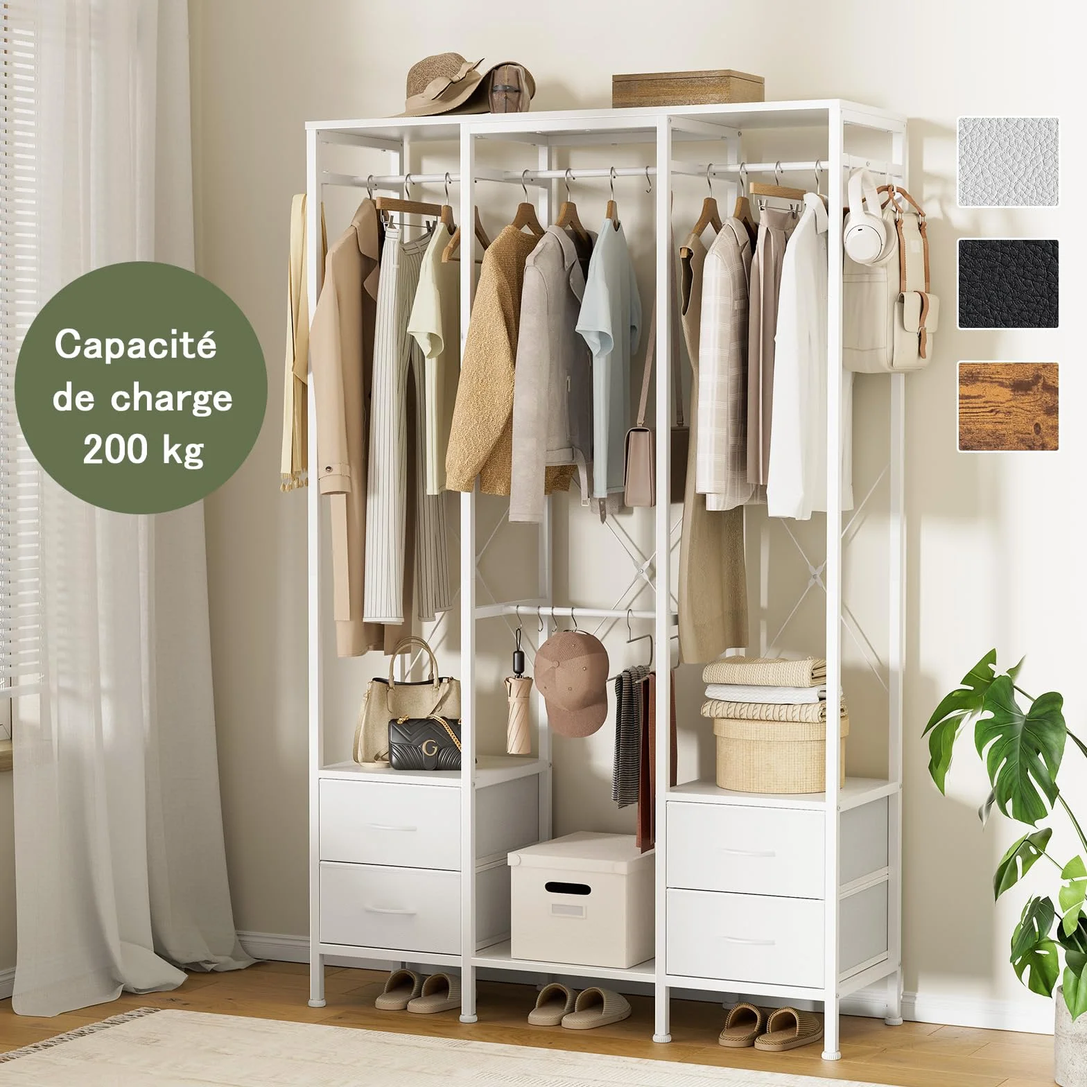 Stand Appendiabiti, Cabina Armadio con 3 Barre e 4 cassetti, Appendiabiti con 4 Ganci Rimovibili, Armadio Aperto Moderno, per Camera da Letto o Ingresso, Bianco