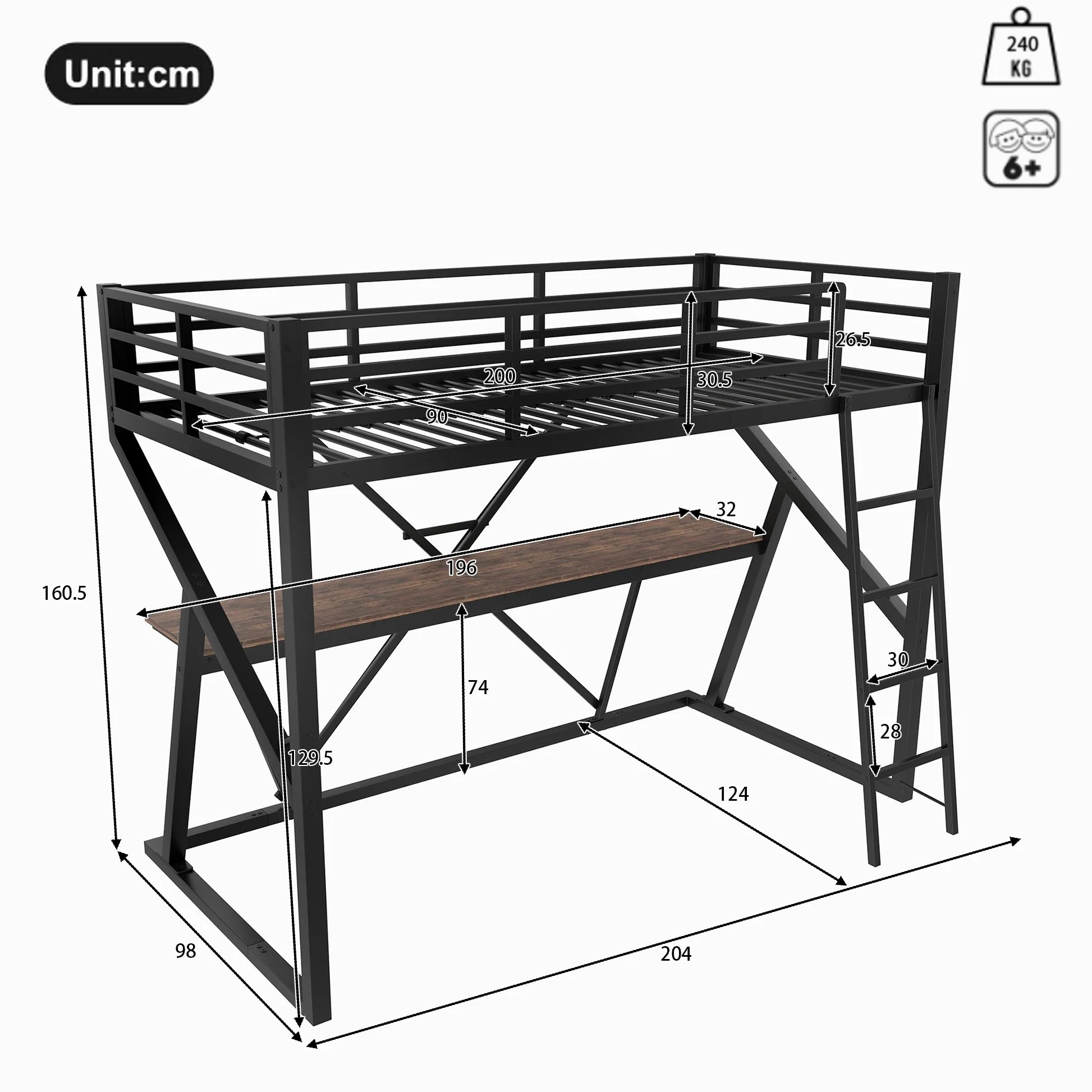 Moimhear Letto a soppalco 90 x 200 cm, telaio in ferro, striscia LED, ringhiera, scale, scrivania, senza materasso (nero)