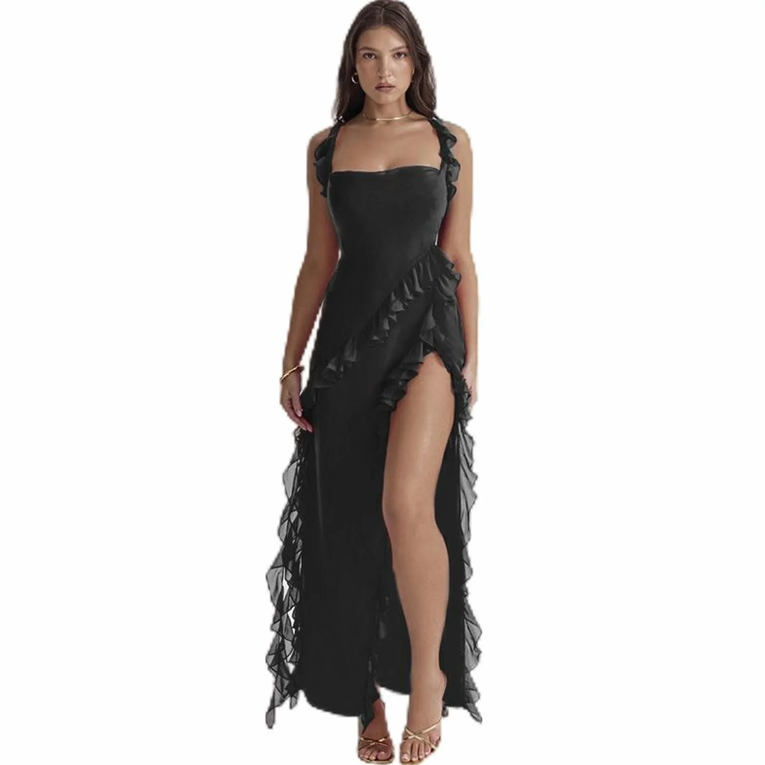 Abito da Donna Sexy con Bretelle Alte e Sottili con Fessura Alta