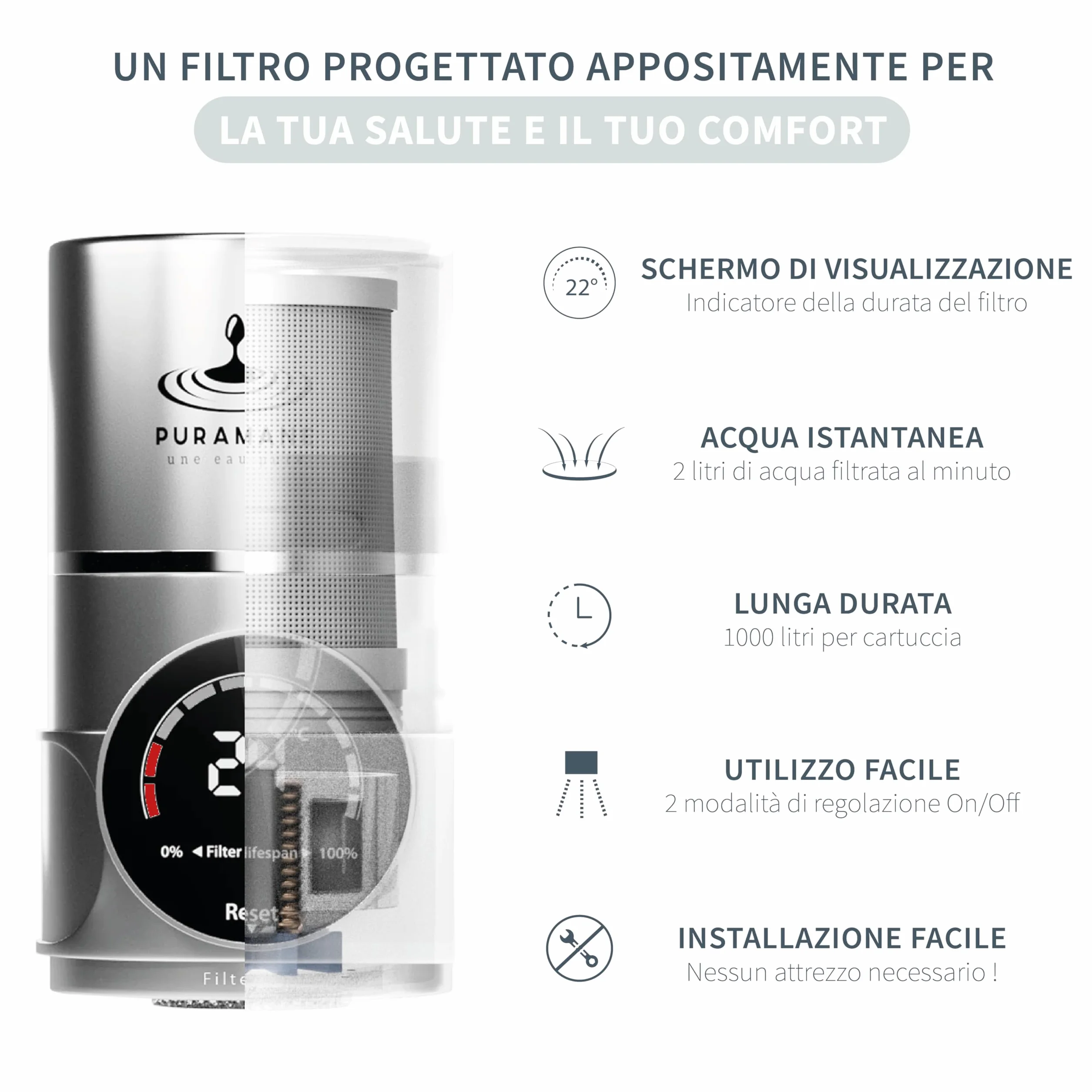 Filtro Acqua Rubinetto Cucina Purificatore Acqua Carbone Attivo UV Multi-Stadio Schermo LED Filtrazione Istantanea Anti Calcare Sistema + 1 Cartuccia