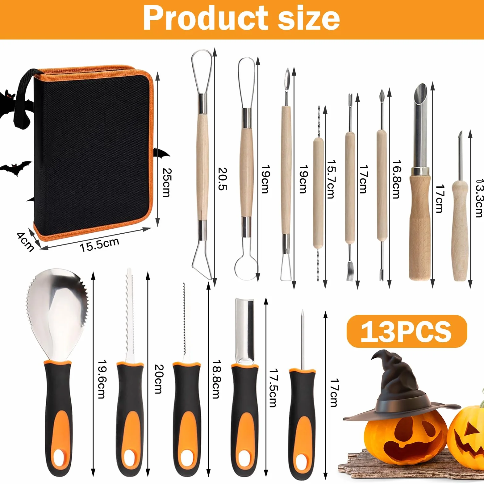 Set da intaglio zucca 13 pezzi in acciaio inox per Halloween con custodia