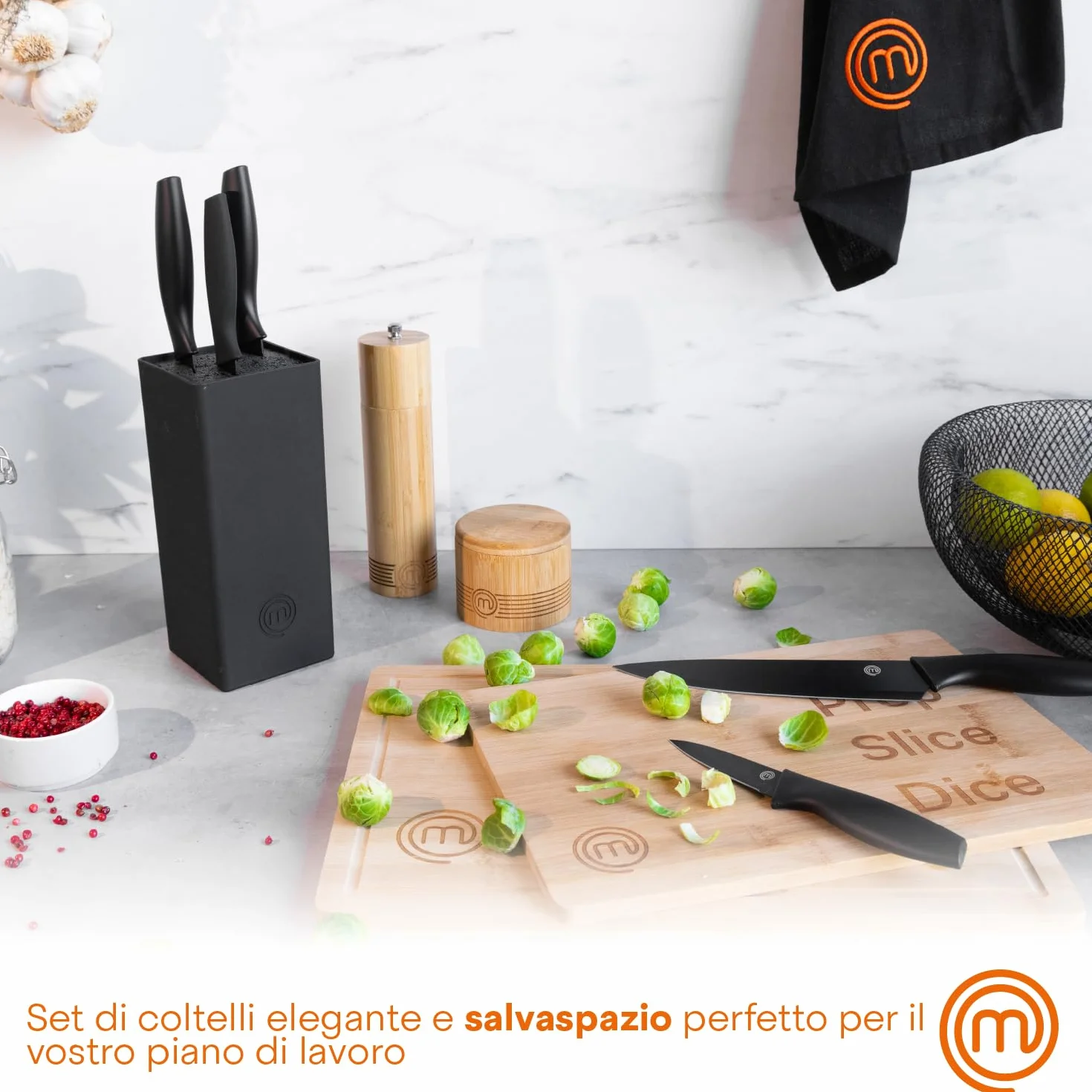 MasterChef Set Coltelli da Cucina 5 Pezzi, Acciaio Inox, Lama Affilato, Ceppo Universale Nero