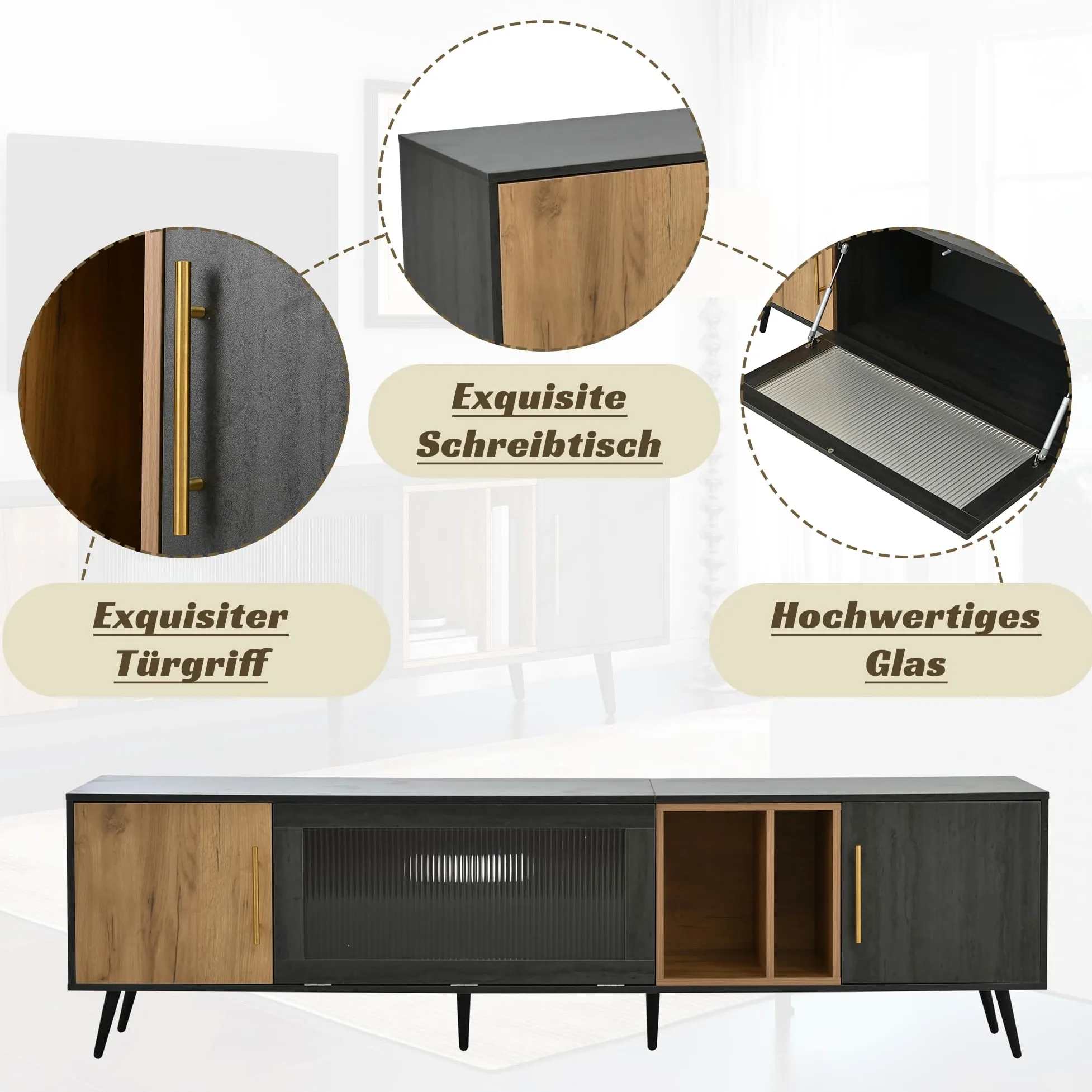 Rtopsu Mobile TV, Tavolo TV Basso per TV Fino a 90 Pollici, Scaffale TV con 3 Ante e 4 Vani Portaoggetti Mobile per Soggiorno Sala da Pranzo Camera da Letto, 200x40x55.5 cm, Legno, Grigio & Marrone