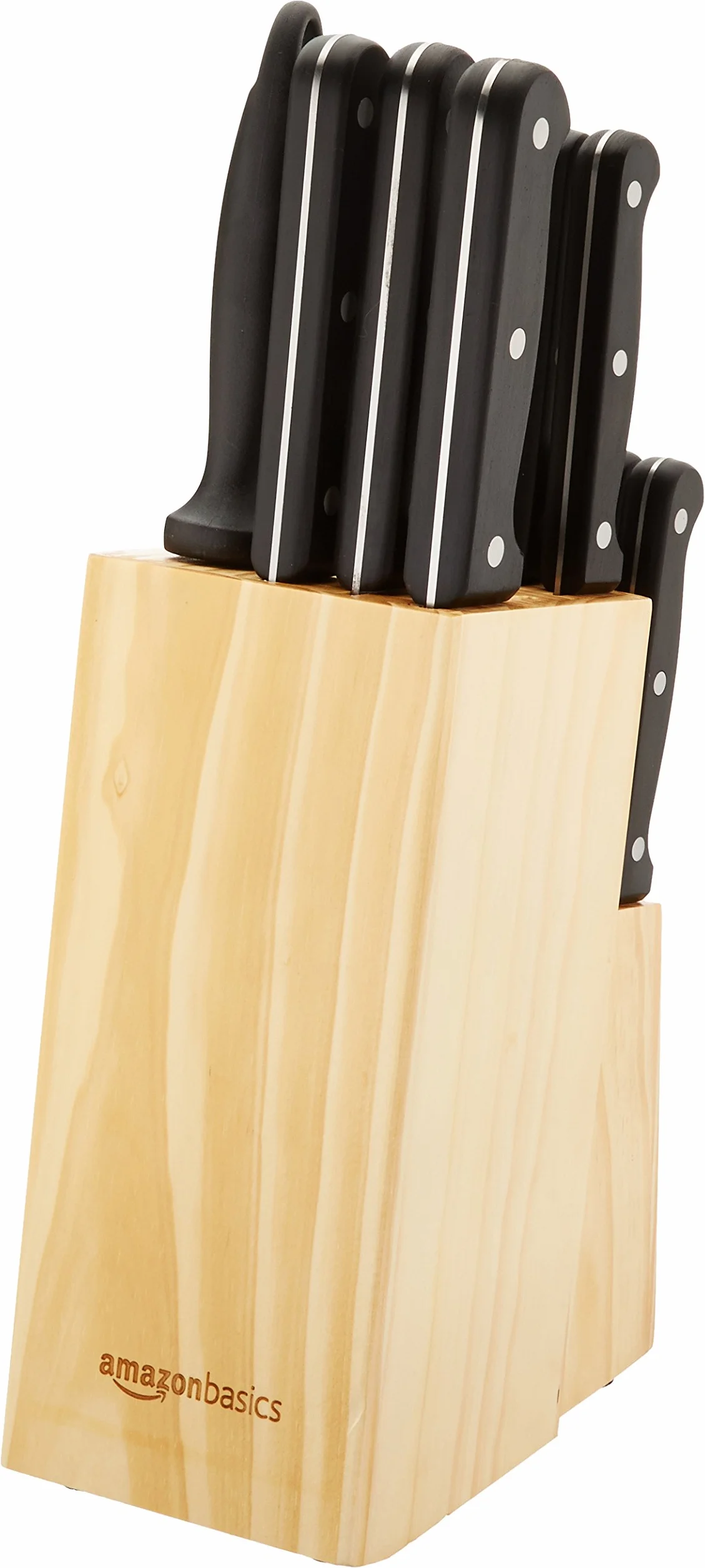 Amazon Basics Set di 14 Coltelli con Ceppo, Nero