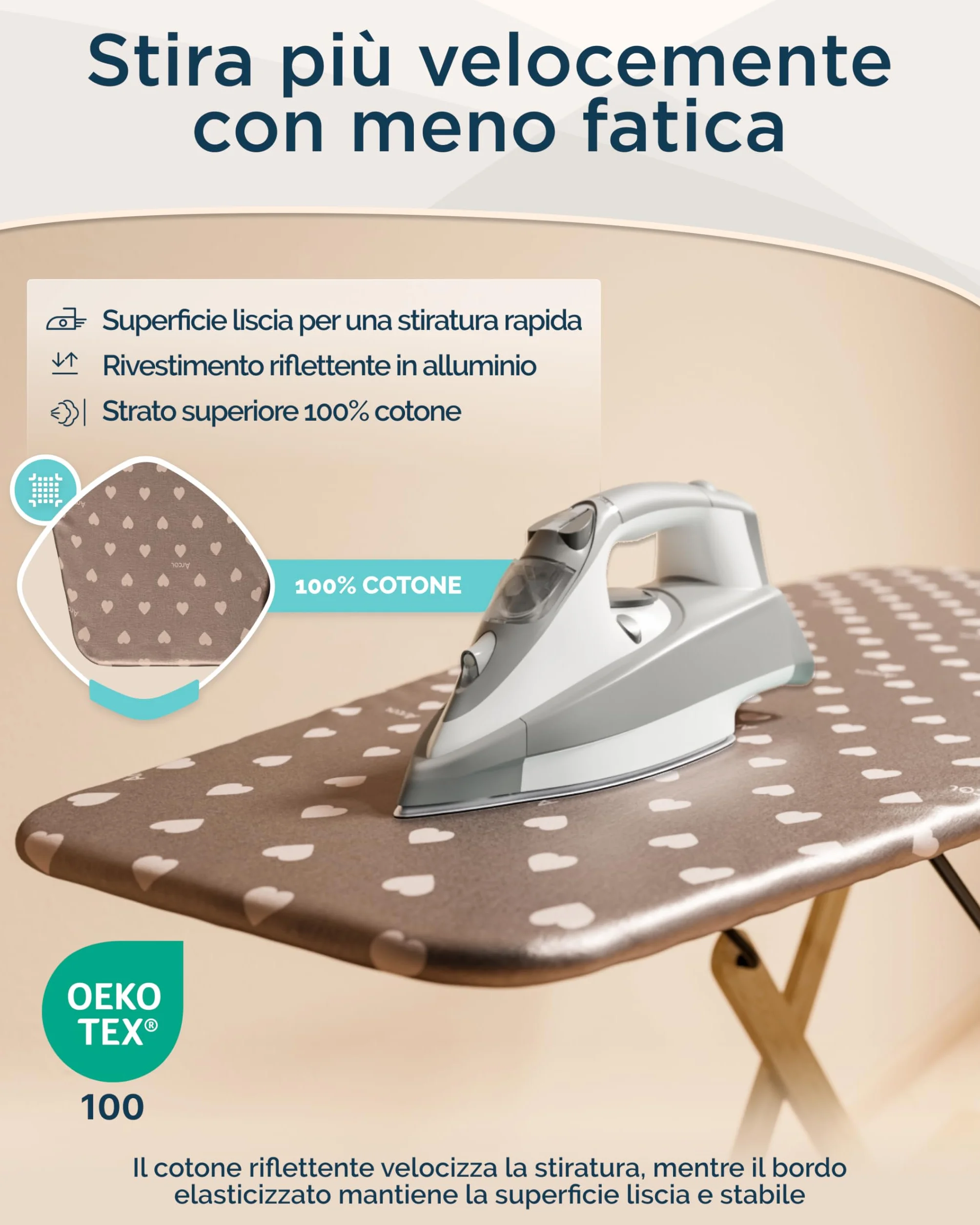 ARCOL Copriasse da Stiro ad Elastico Compatibile per Asse da Stiro Foppapedretti - Made in Italy - Ricambio Copertura asse da Stiro 100% Cotone - Telo asse da stiro (Copertina, Beige Cuori Bianchi)