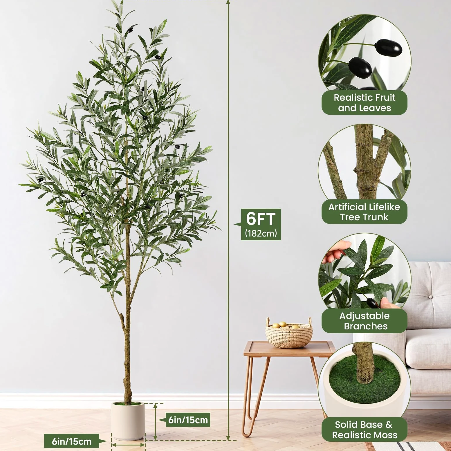 Alupssuc 180cm Olivo Artificiale, Albero di Ulivo Artificiale Piante Finte da Interno Piante Finte Perfette in Vaso, Decorazione Realistica in Vaso per Interni ed Esterni per Soggiorno e Ufficio