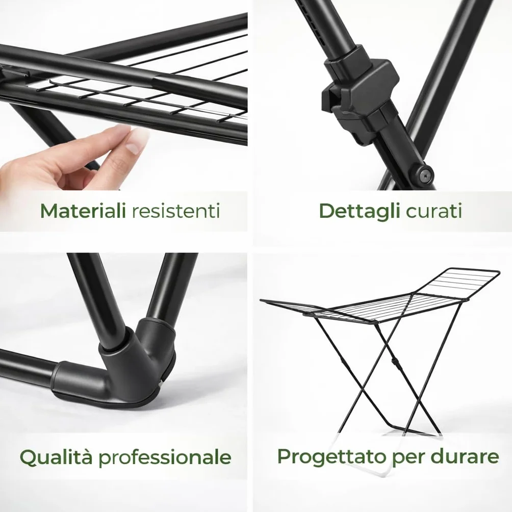 AGRICOLA GIRALDI Stendibiancheria da Pavimento, 18 METRI DI STENDITURA, in Acciaio - Stendino Pieghevole con Piedini Antiscivolo, Sistema Anti-Chiusura, Certificato TÜV-GS, Made in Italy, BLACK