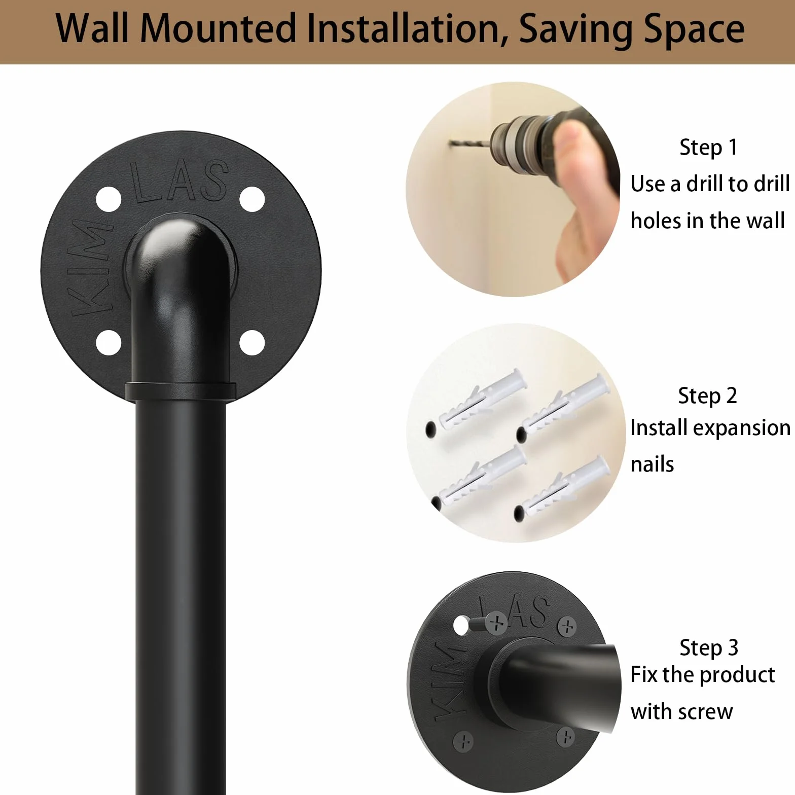 Barra Appendiabiti da Parete, Attaccapanni da Muro per Tubo Industriale 90 cm, Porta Abiti da Camera in Metallo Resistente per Balconi e Camere da Letto, 1 Pezzo, Nero