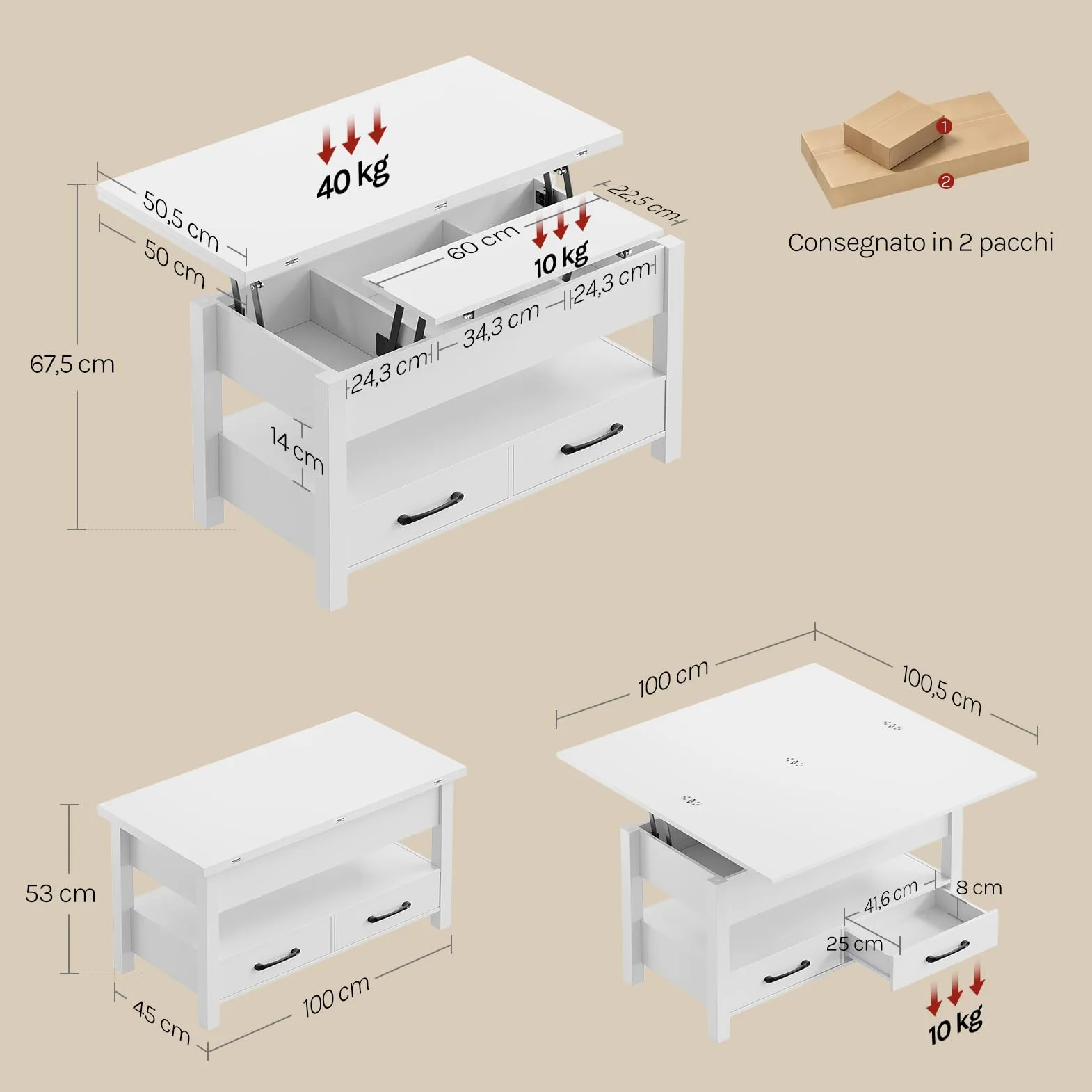 WOLTU Tavolino da Caffè Sollevabile con Spazio Nascosto, Scomparto Aperto e 2 Cassetti, Tavolo Salotto Estensibile Multifunzione per Soggiorno e Studio, Bianco