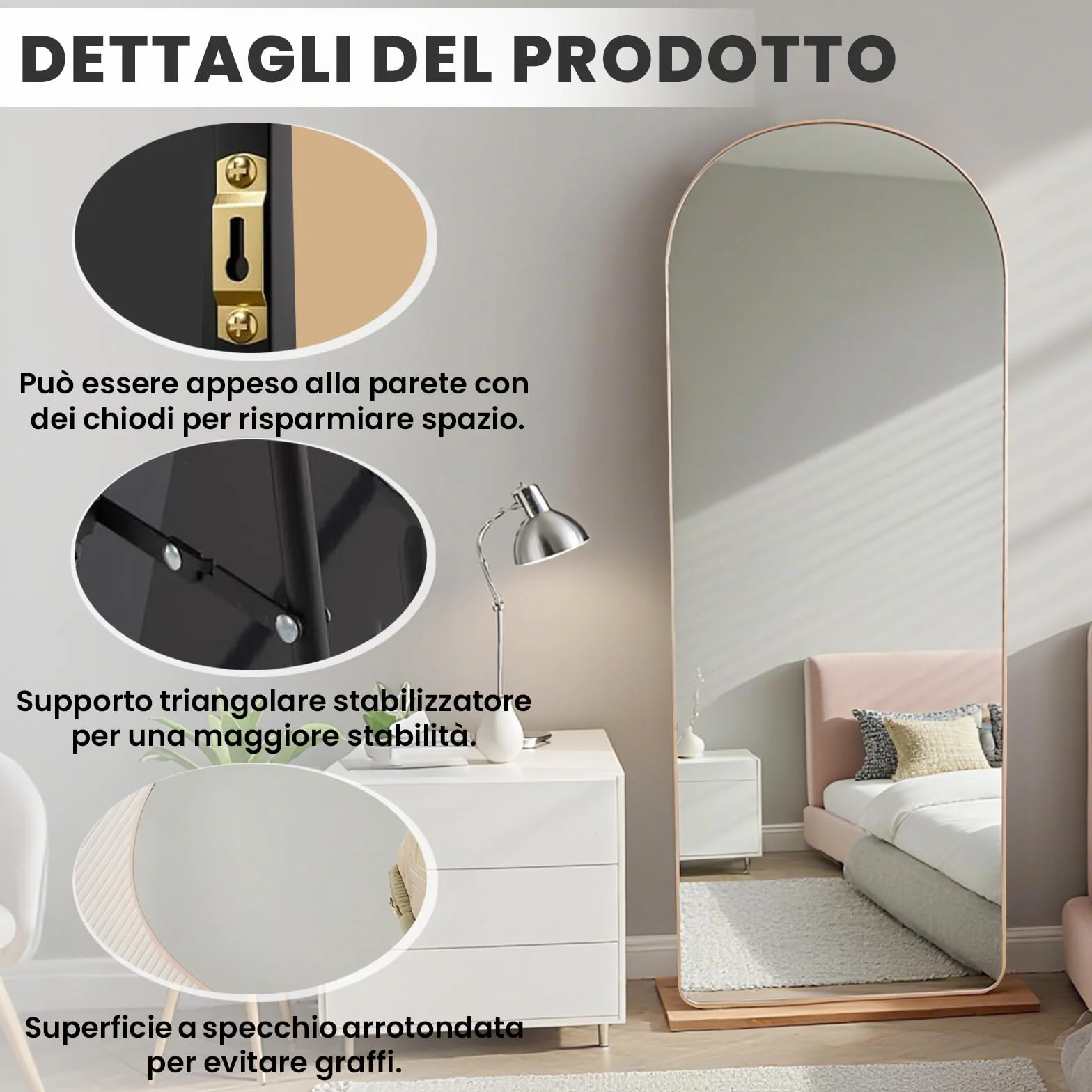 Specchio da Terra ad Arco 160x50 cm, Specchio da Parete con Cornice in Alluminio Dorato, Design Moderno, da Appoggiare o Appendere per Soggiorno, Camera da Letto, Ingresso