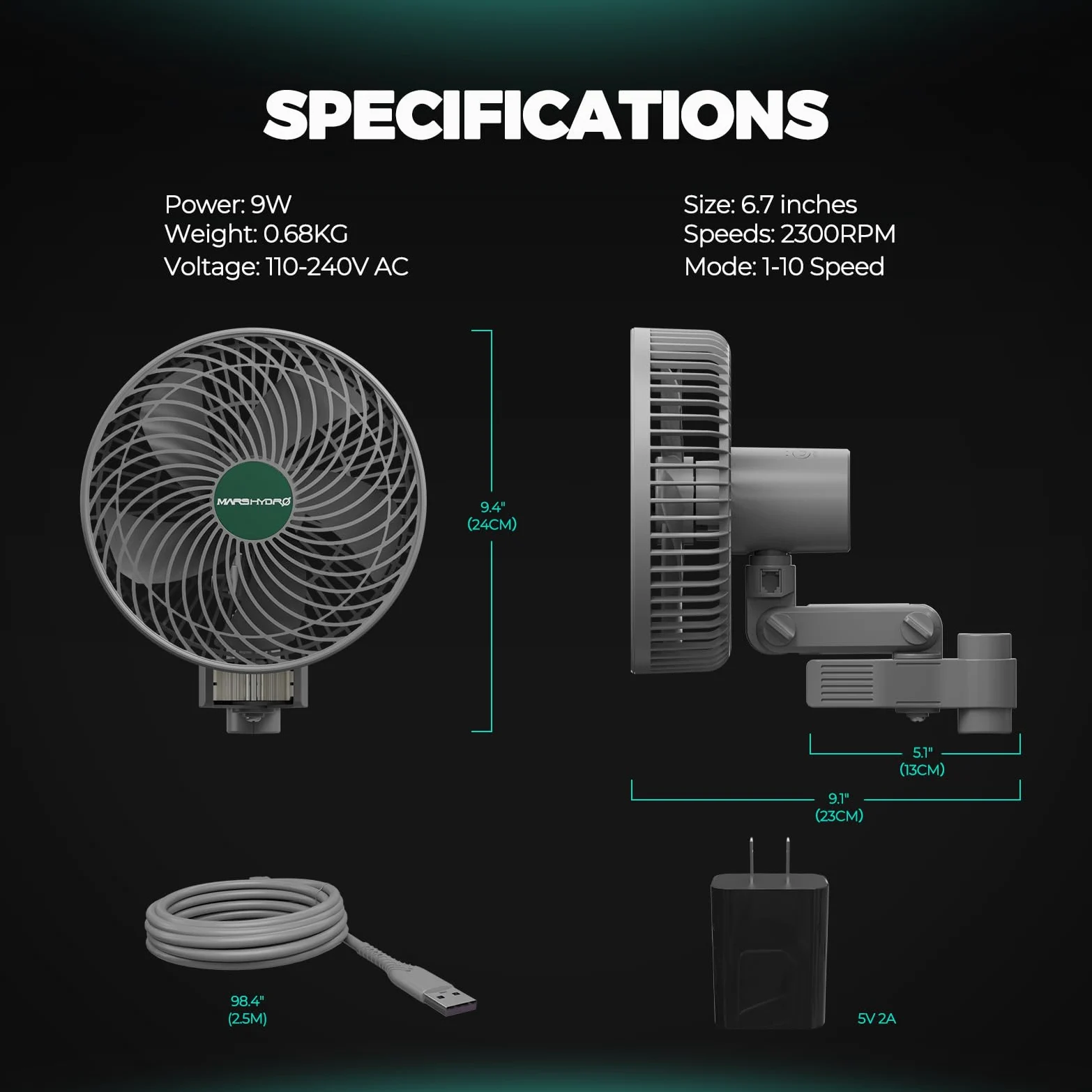 MARS HYDRO Upgrade 2 Pezzi Clip Ventilatore M6 per Grow Oscillante Silenzioso Piccolo per Growzelt, 10 Livelli di Velocità, Ventilatore per Grow Oscillante Agganciabile Mini Fan per Growzelt