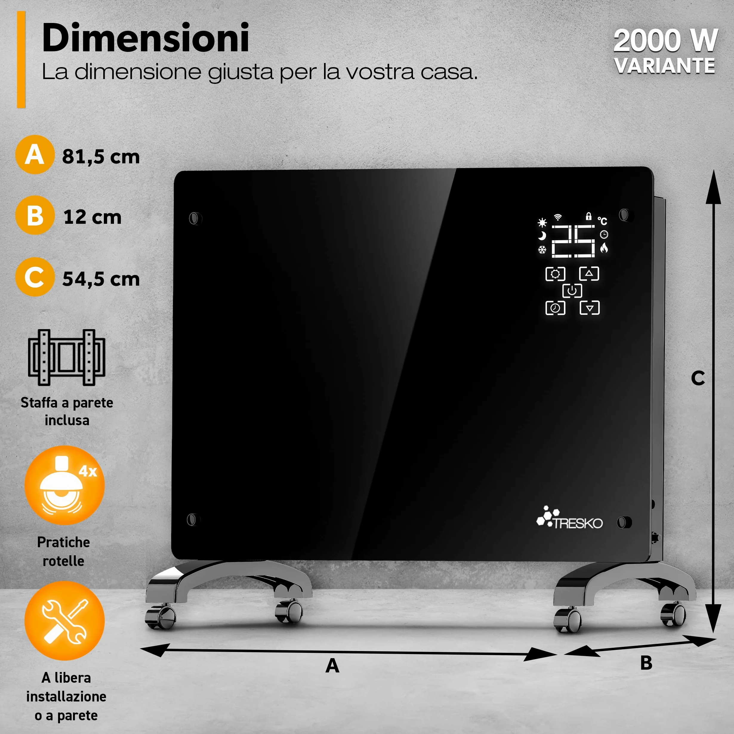 TRESKO Stufa Elettrica Basso Consumo 2000W - Wifi & APP | Stufa Elettrica basso consumo | Termoconvettore con Rotelle | Termosifone Elettrico Portatile | Termoconvettore a Parete con Termostato