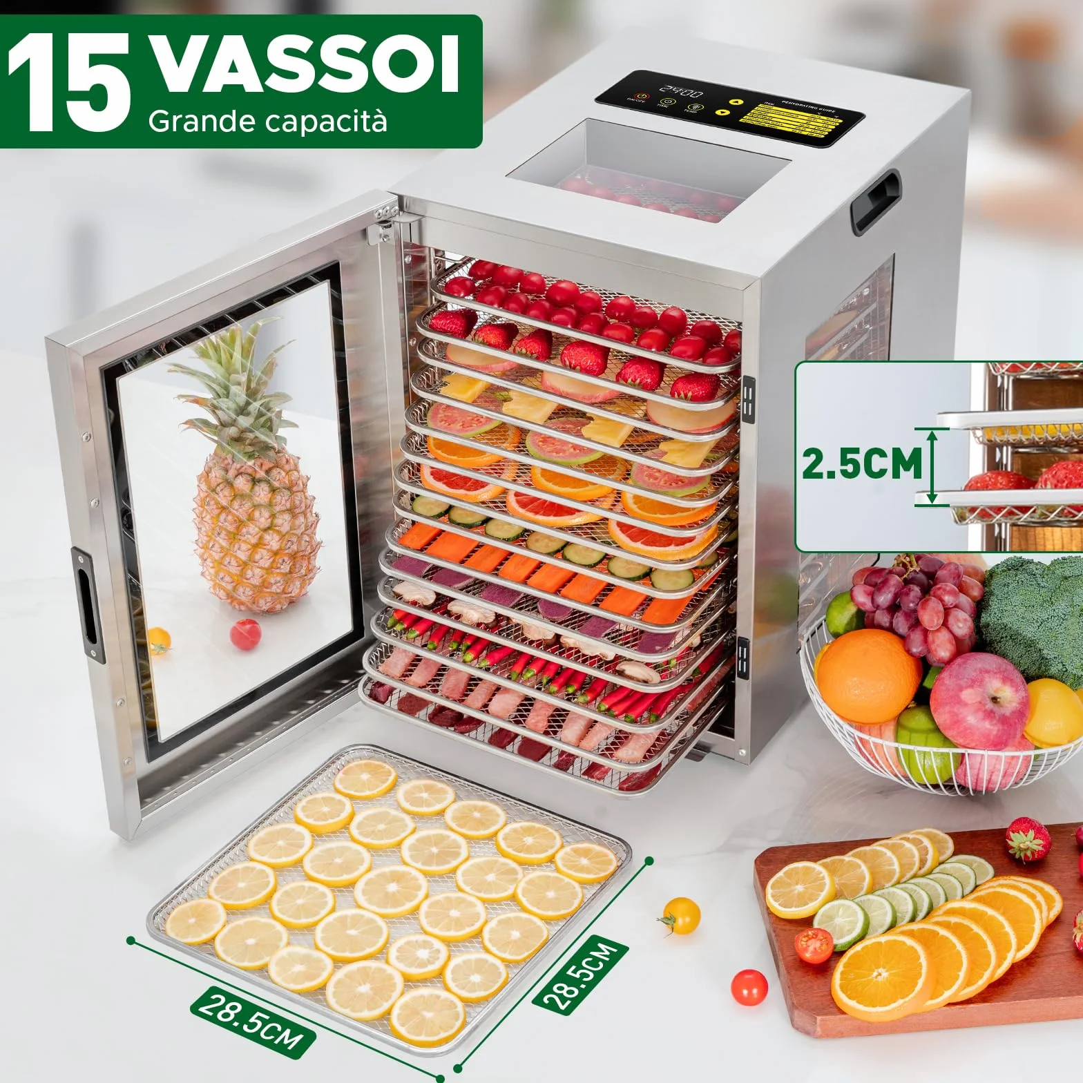 Kwasyo Essiccatore Alimenti 15 Vassoi Inox, 1200W Doppia Ventola, per Carne, Frutta, Snack Cani, Erbe, Temp. Regolabile 90°C, Timer 24H, Finestre Multiple, Essiccazione Potente