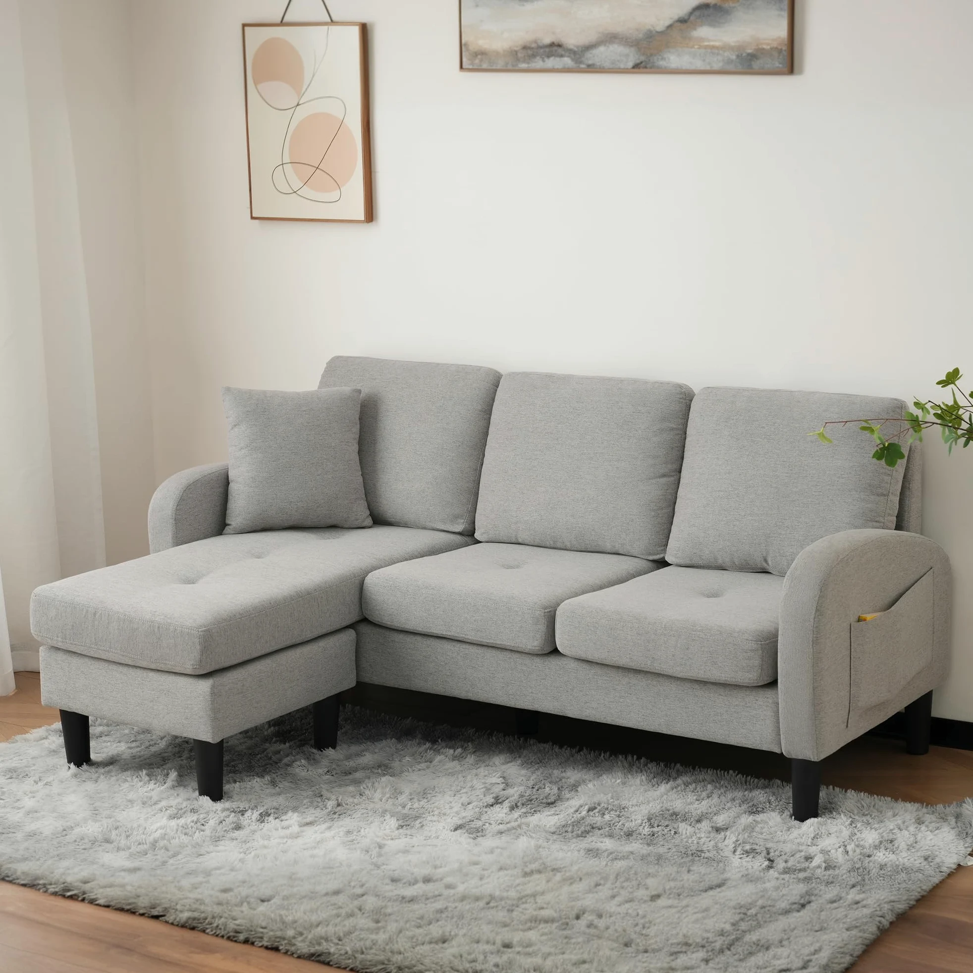 TIZZ Divano angolare a forma di L con chaise longue - Divano a 3 posti, 166 x 118 x 77 cm, tessuto in lino di cotone traspirante, gambe in plastica, design modulare, ideale per soggiorno, appartamenti
