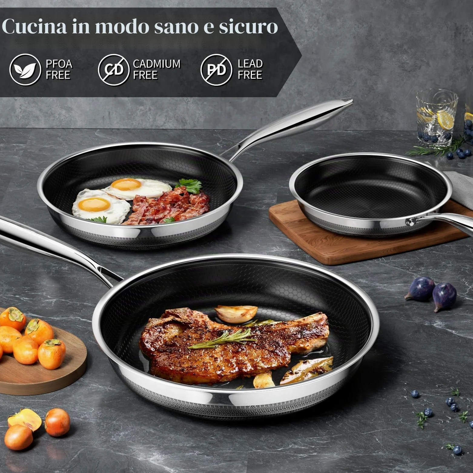 Innerwell Set di padelle Antiaderente 20 24 28 cm, 3 Pezzi Padella Acciaio Inox Induzione, Rivestimento a nido d'ape antigraffio, Padelle Adatte Per Forno, Universali Pentole, Senza PFOA