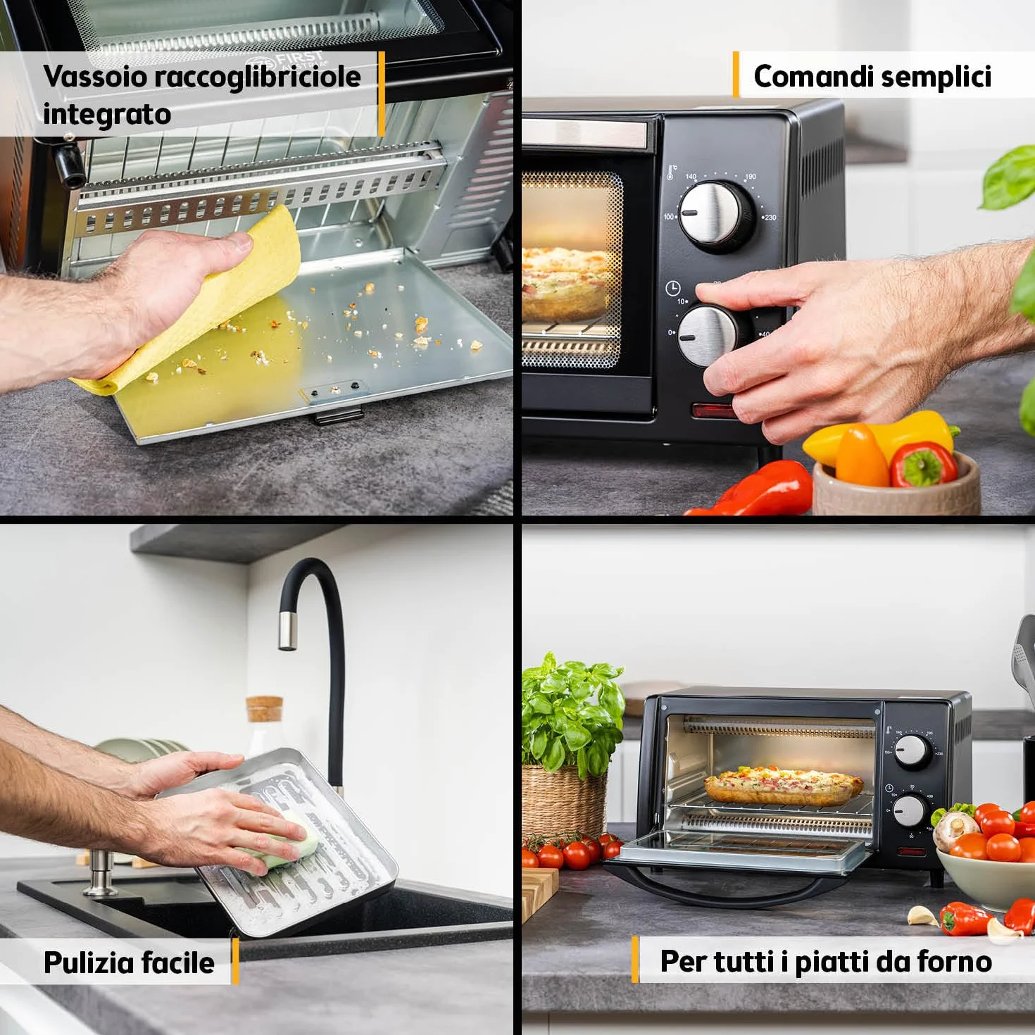 Forno Mini 10L 800W First Austria Fornetto con regolazione temperatura 230°C timer 60 min 2 altezze teglia griglia