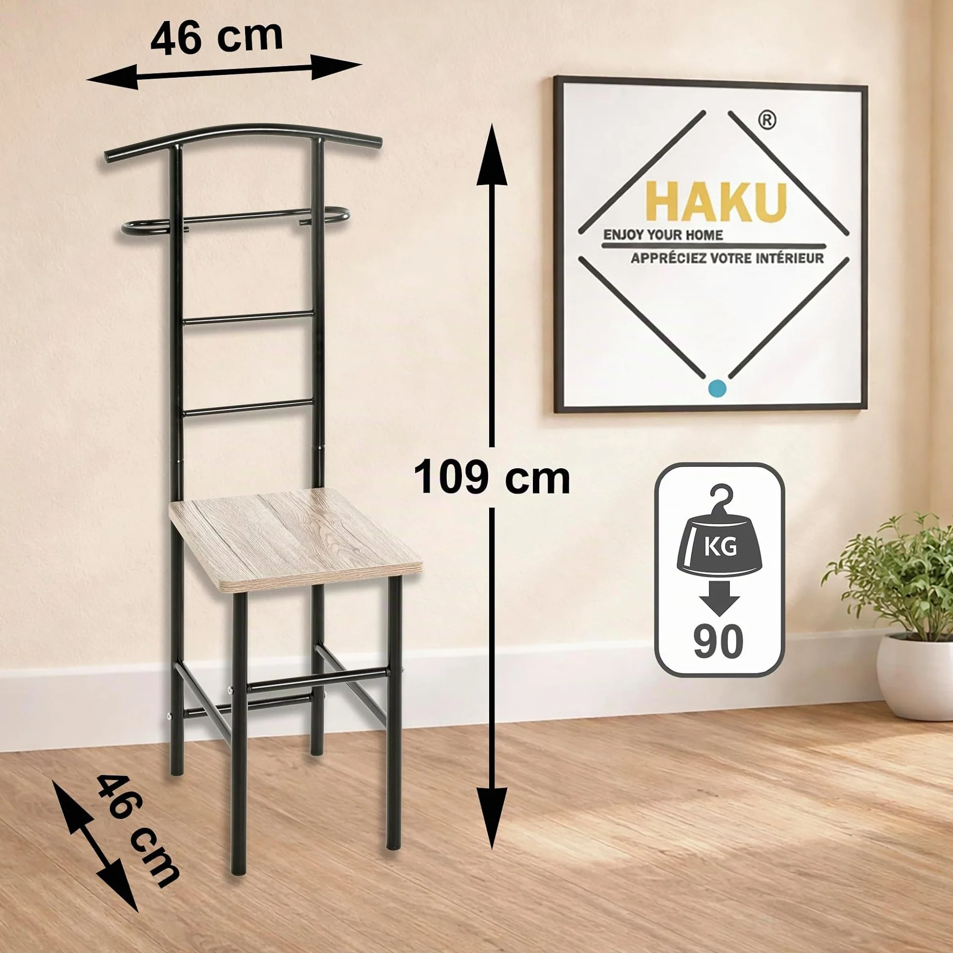 HAKU Servo Muto da uomo Rovere San Remo, nero, MDF, metallo - Dim. L 46 cm x A 109 cm x P 46 cm, Stile Moderno