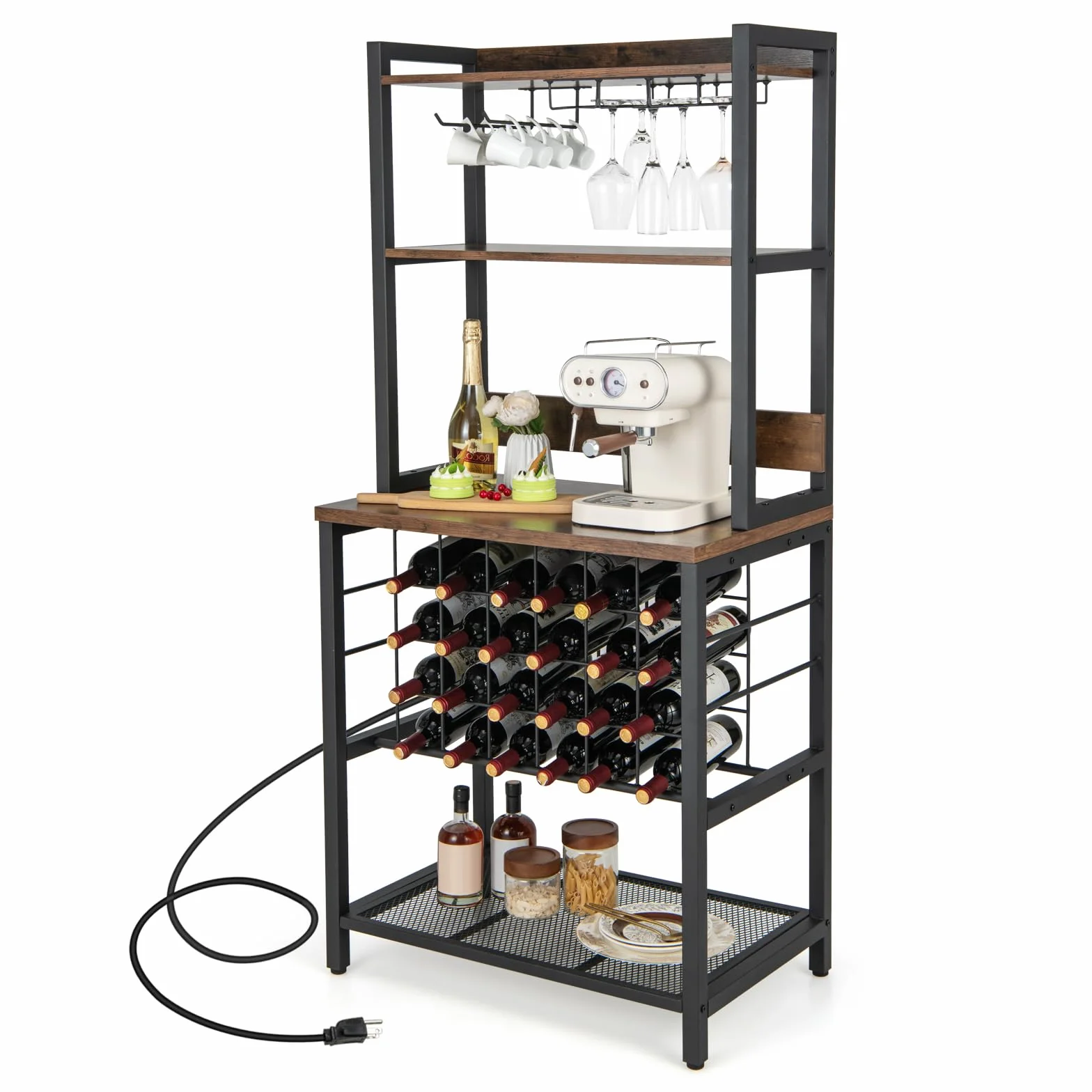 GIANTEX Scaffale Da Cucina Con Prese e Porte Usb, Armadietto Per Vino Con Supporto In Vetro Per 24 Bottiglie e 9 Bicchieri, Scaffale a 4 Livelli, 76 x 48 x 163 cm