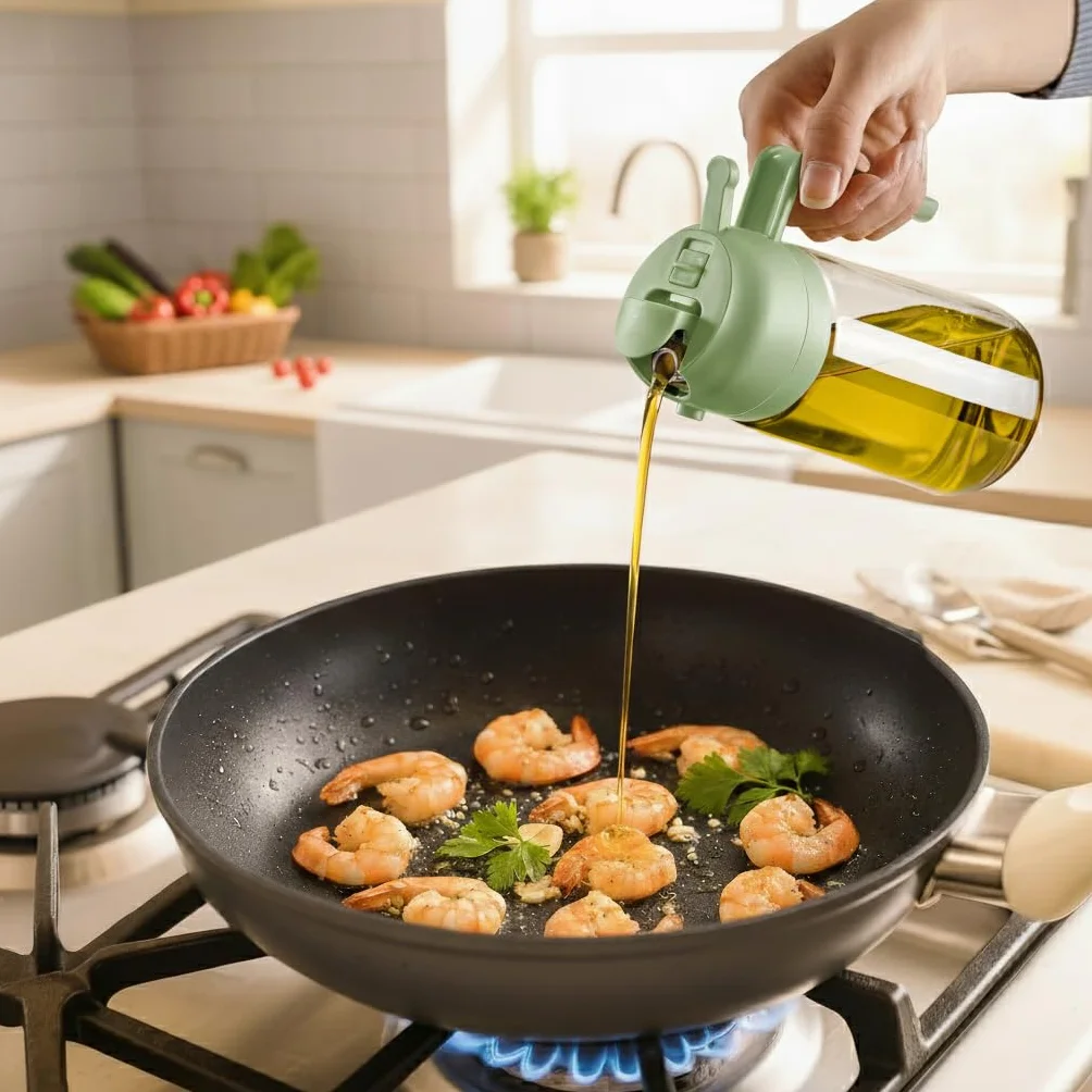 Dispenser per olio d'oliva & spray per olio 2in1 – 470 ml, flacone in vetro con protezione UV, a tenuta di luce, erogatore per olio & spray per olio per friggitrice ad aria, cucina, cottura