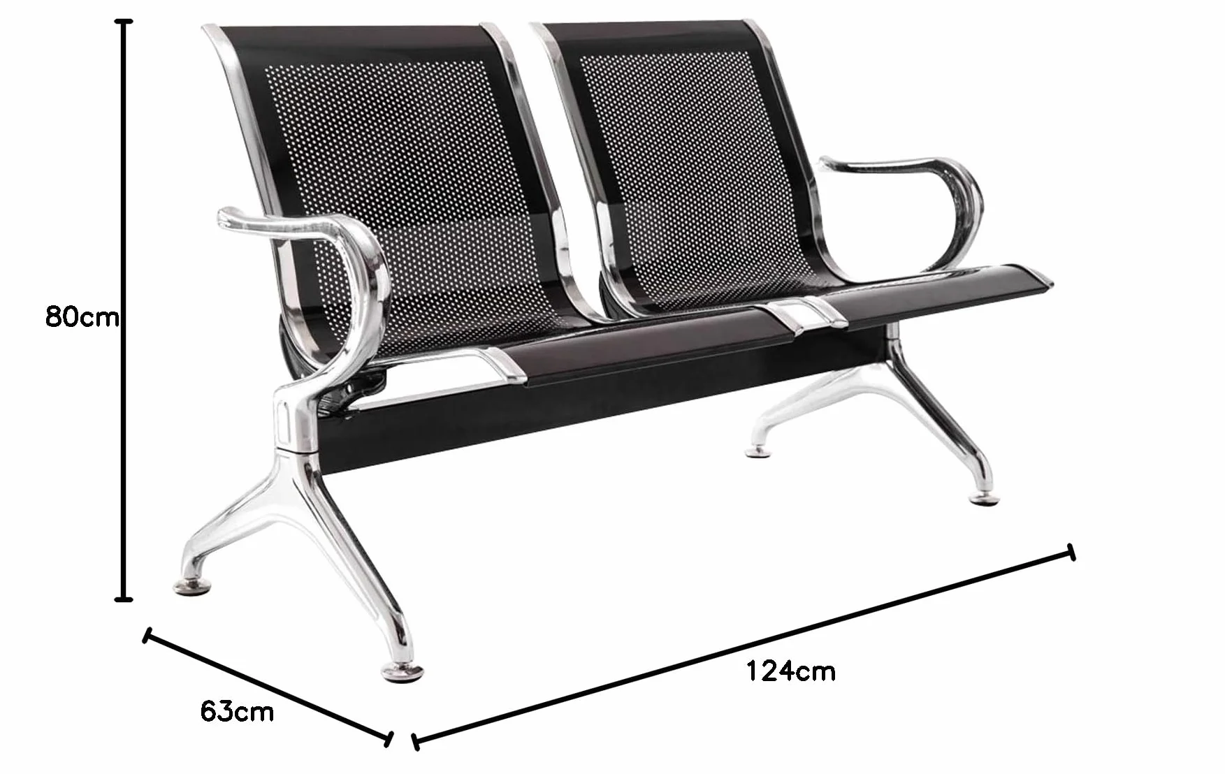 CLP Panca d'attesa per aeroporti, panca con struttura in metallo in look cromato, robuste sedie d'attesa con schienale e braccioli, Colore:nero, Dimensione:2 posti