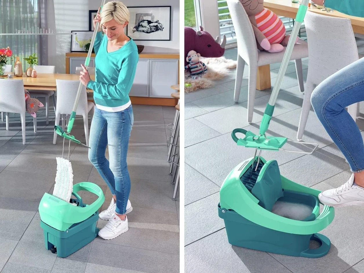 Leifheit Pressa Profi XL Set lavapavimenti, Mop lavapavimenti con strizzatore incorporato, Mop set con rotazione scopa a 360° e secchio con rotelle