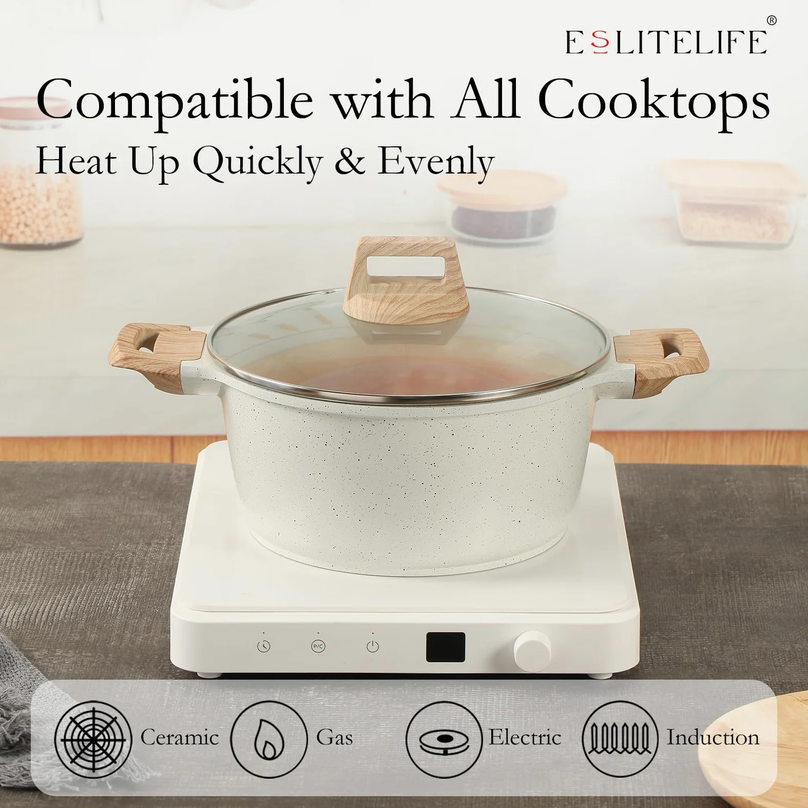 ESLITE LIFE Pentola antiaderente con coperchio, in granito da 7 litri, grande, per zuppa, pasta, compatibile con induzione, senza PTFE e PFOA, bianco
